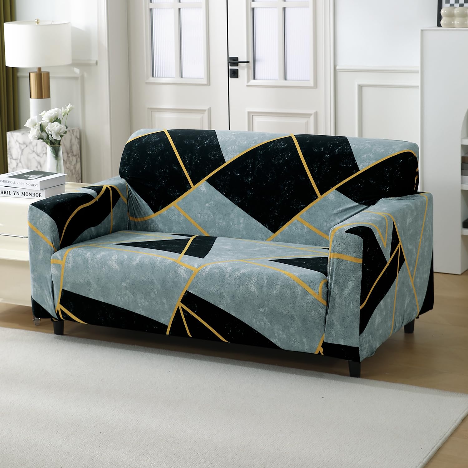 Abstract Geometry Print non slip stretchable two seater sofa cover