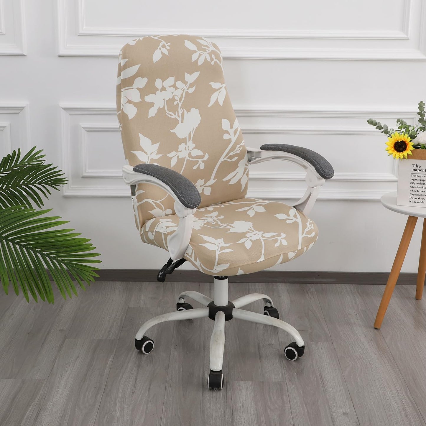 HOKIPO 140gsm Stretchable Office Chair Cover, Buff Brown Sillehoute Floral - Medium / Large