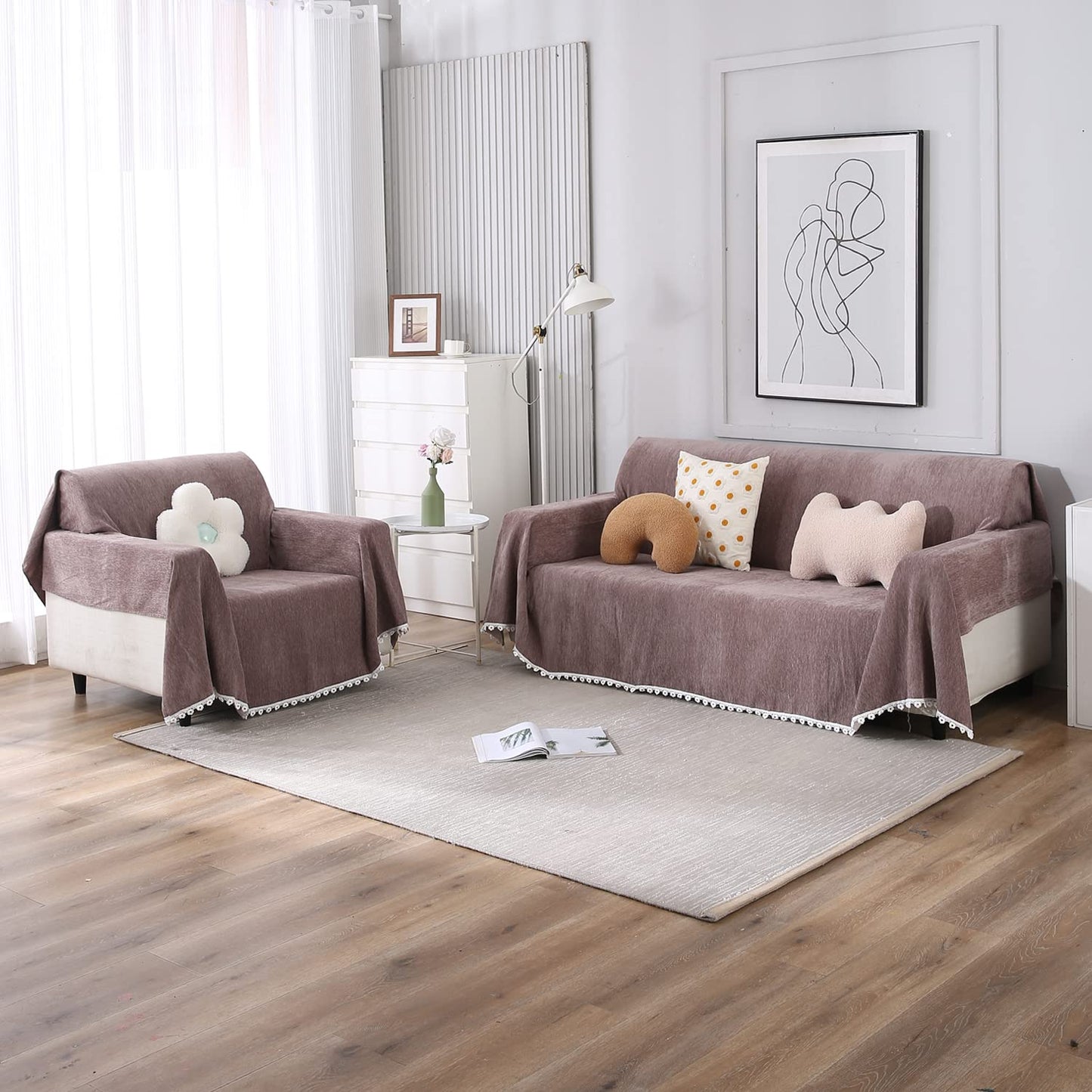 3+1 seater Brown colour chenille sofa throw set