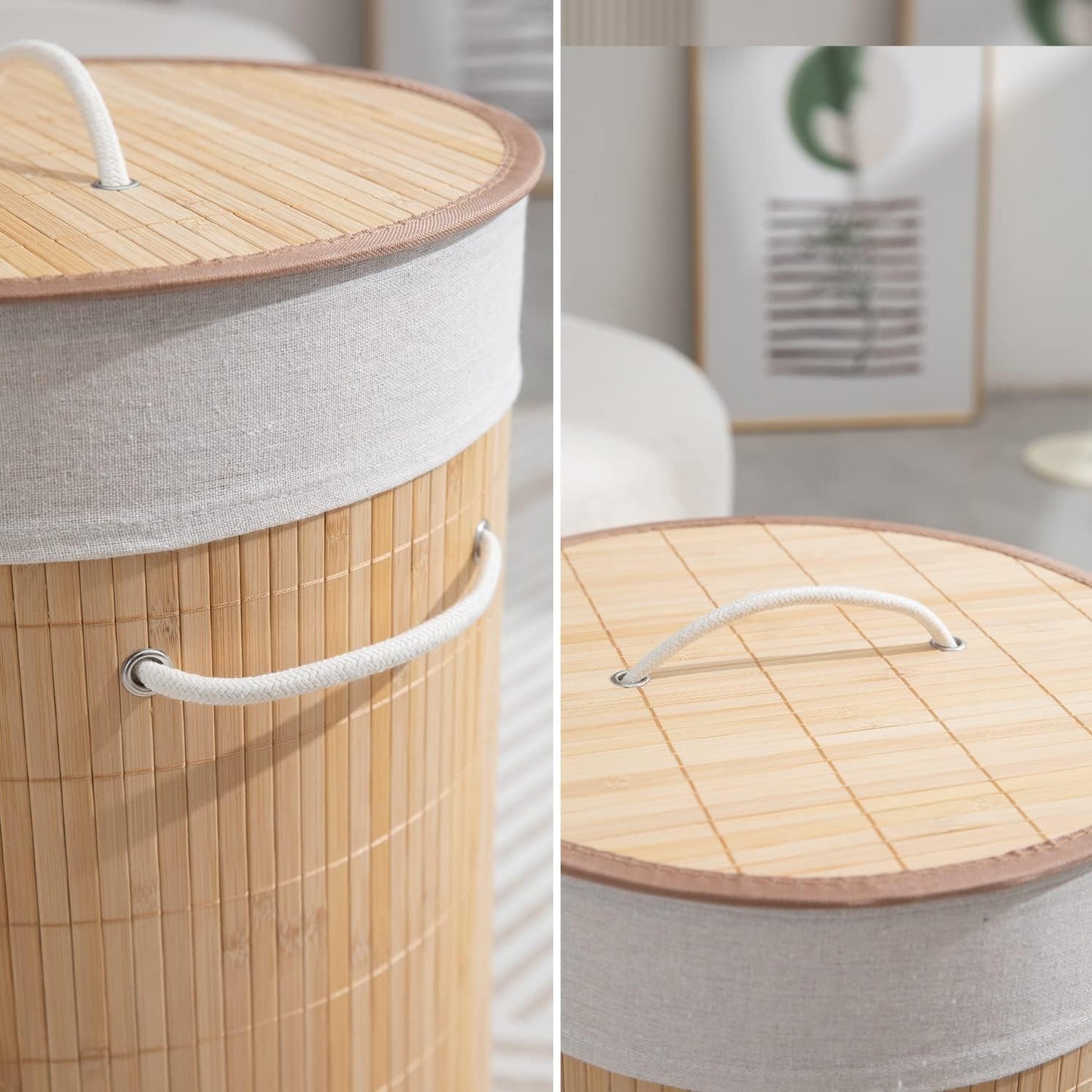 Eco-Friendly Foldable Bamboo Laundry Basket Hamper with Lid, Large - 57 Liter, Light Brown
