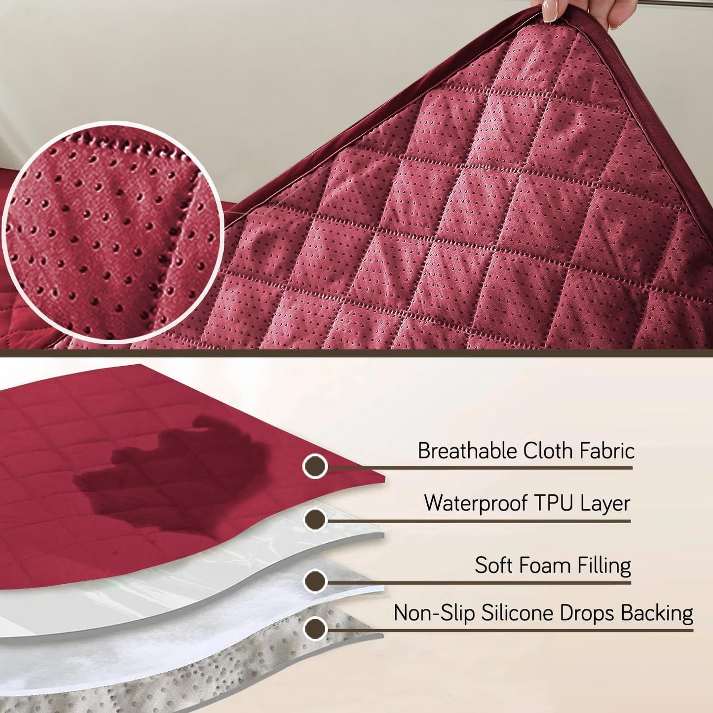 HOKIPO Quilted Waterproof Sofa Seat Mat for 1/2/3 Seater Sofa with 2 Armrest Covers with Pockets, Maroon