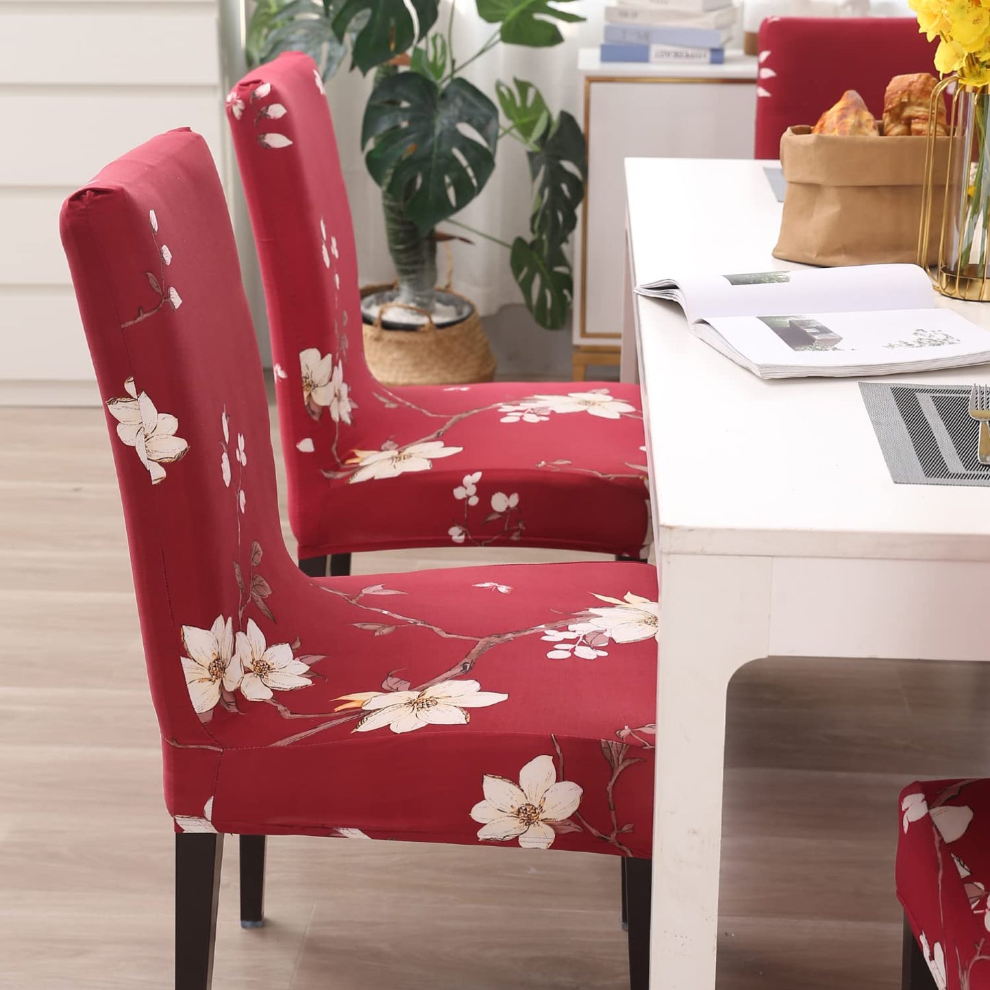 Elastic Stretchable Dining Chair Cover, Red White Jasmine Flowers