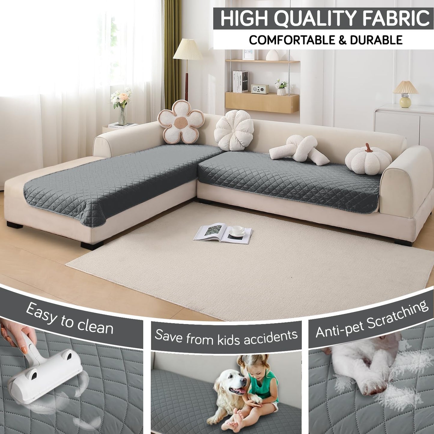 HOKIPO Waterproof Quilted Quick Dry L Shape Sofa Seat Cover Mat, Light Grey