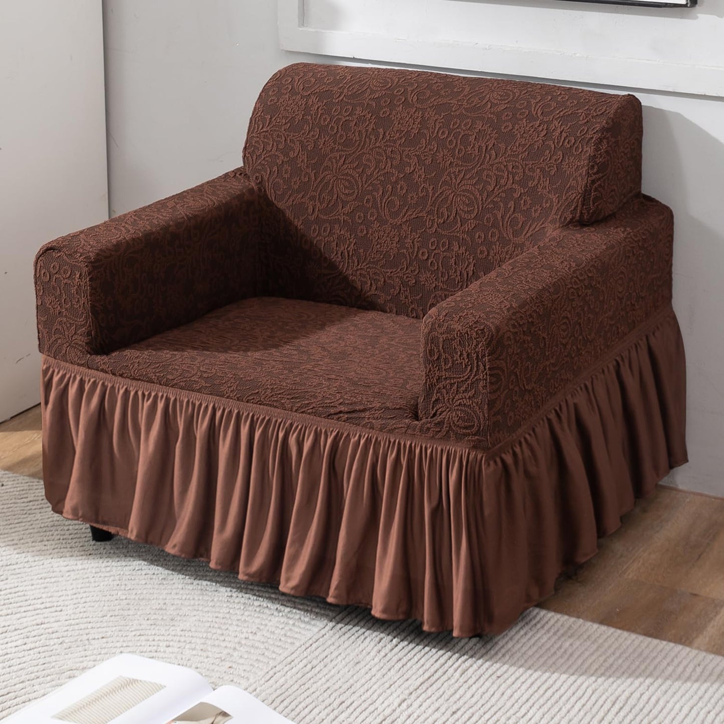 Elastic Stretchable Designer Woven Jacquard Sofa Cover with Frill and Cushion Cover, Pecan Brown
