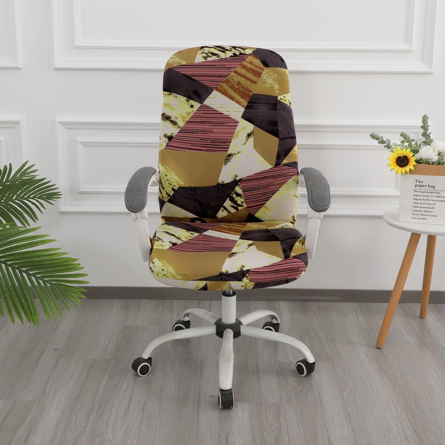 HOKIPO 140gsm Stretchable Office Chair Cover, Wine Abstract Geometry - Medium / Large
