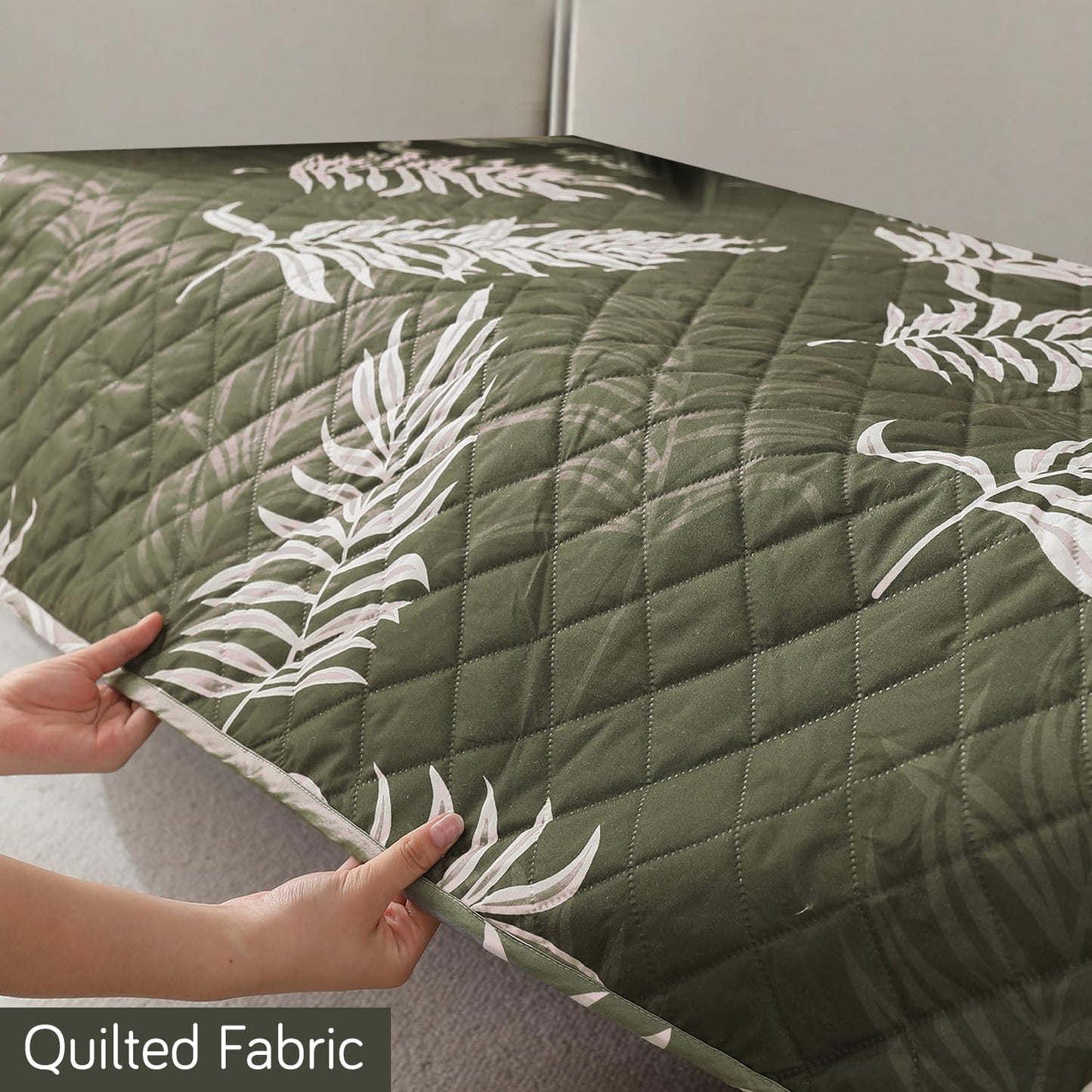 Quilted, Waterproof and Anti-Slip Sofa Cover Mat, Palm Leaves Olive