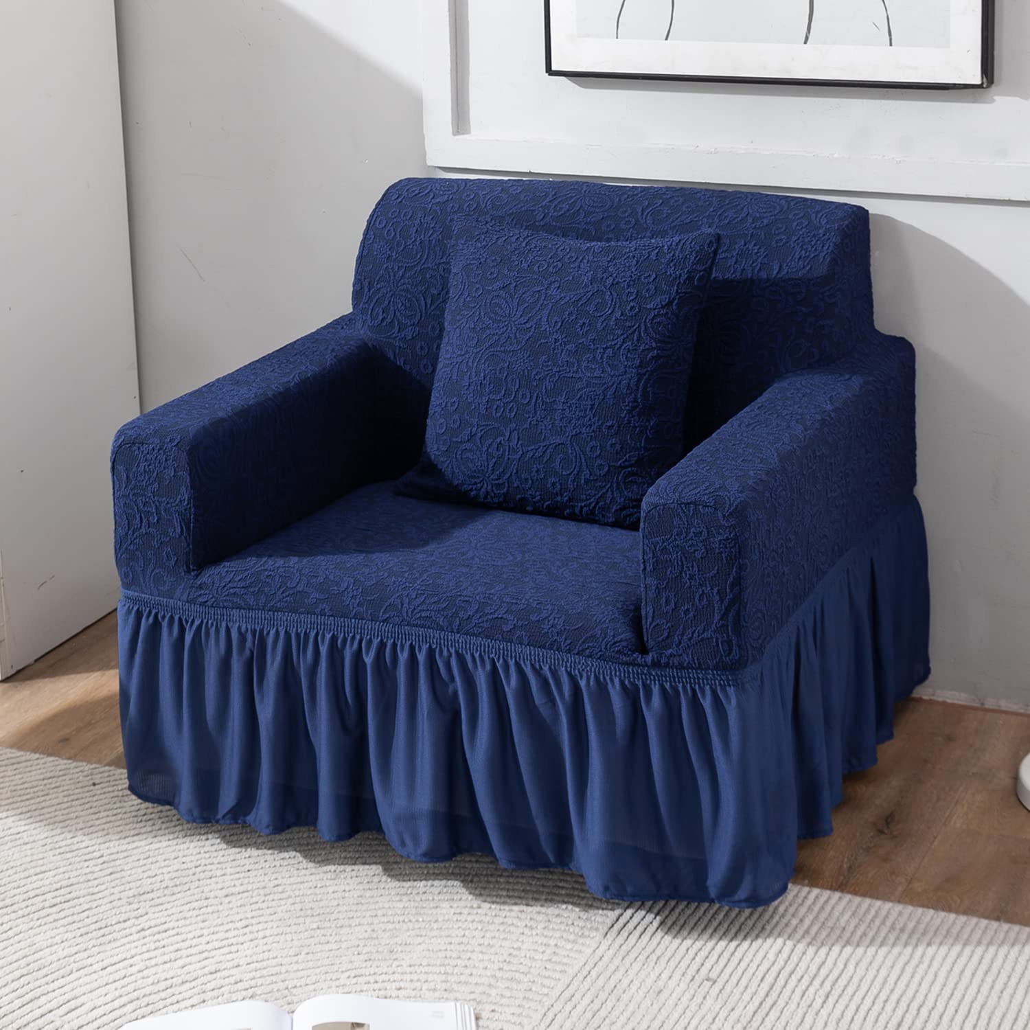 Navy Blue designer woven jacquard elastic frill 1 seater sofa cover