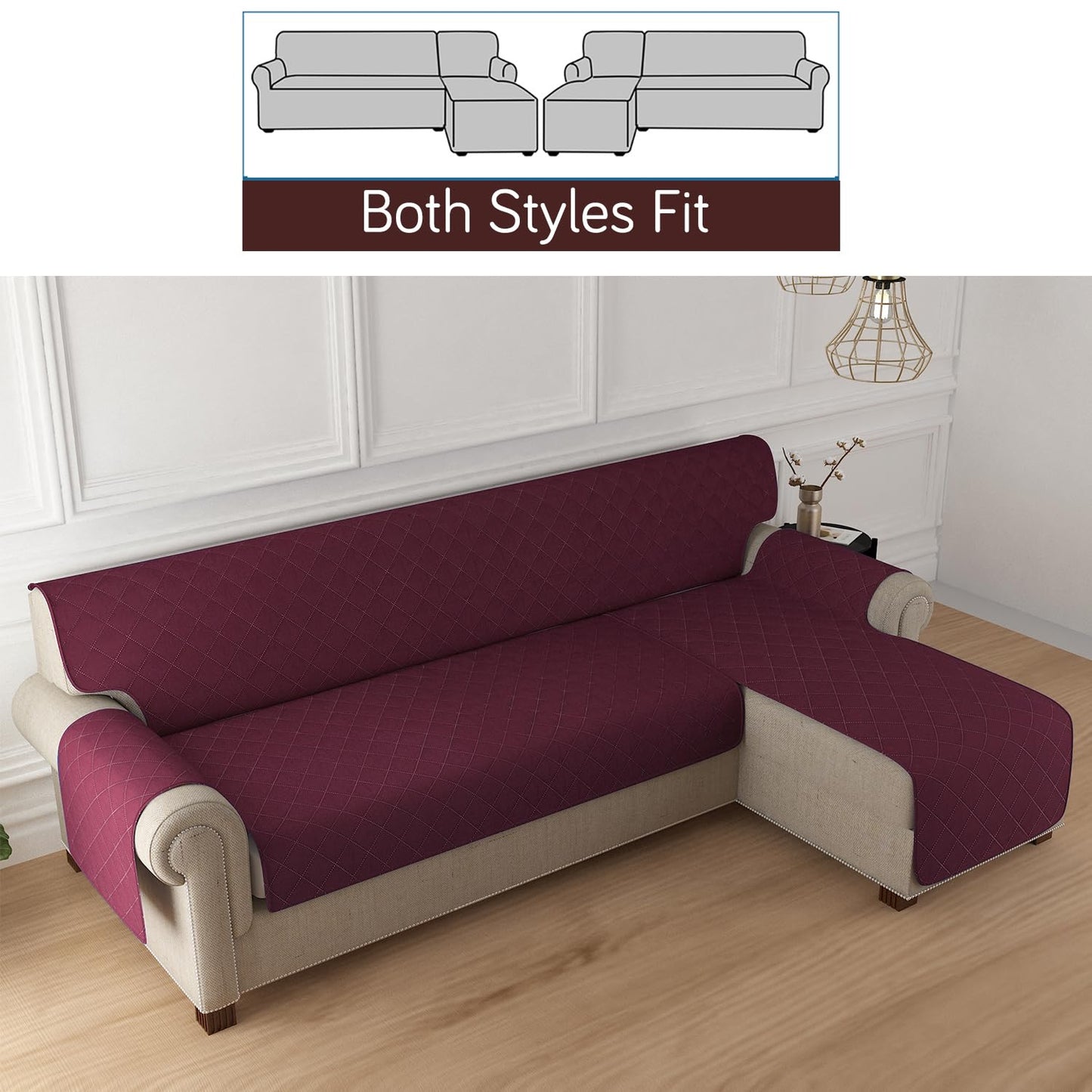 Quilted Reversible One Piece L Shape 4/5/6 Seater Sofa Cover Mat, Burgundy