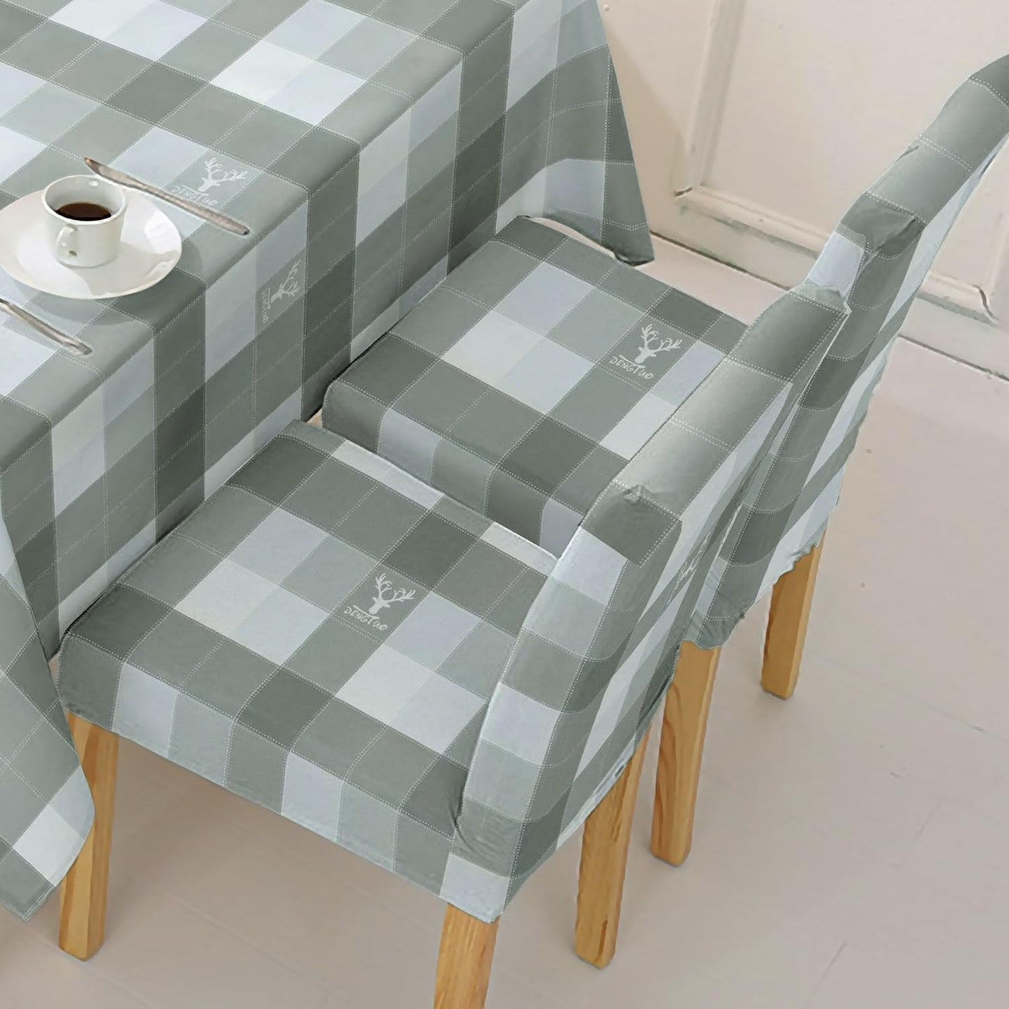 Polyester Dining Chair Covers Set of 4/6 with Matching Tablecloth, Checks Grey