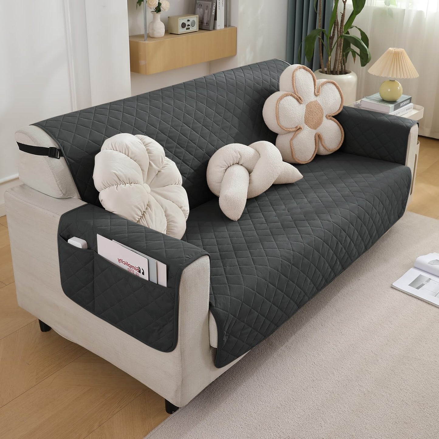 Quilted Waterproof Sofa Cover Mat with Pockets on Armrest Cover - Grey