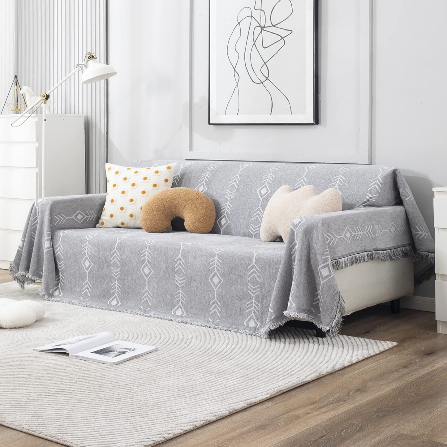 Thick, Soft and Pet Friendly Chenille Sofa Cover Throw, Grey Aztec