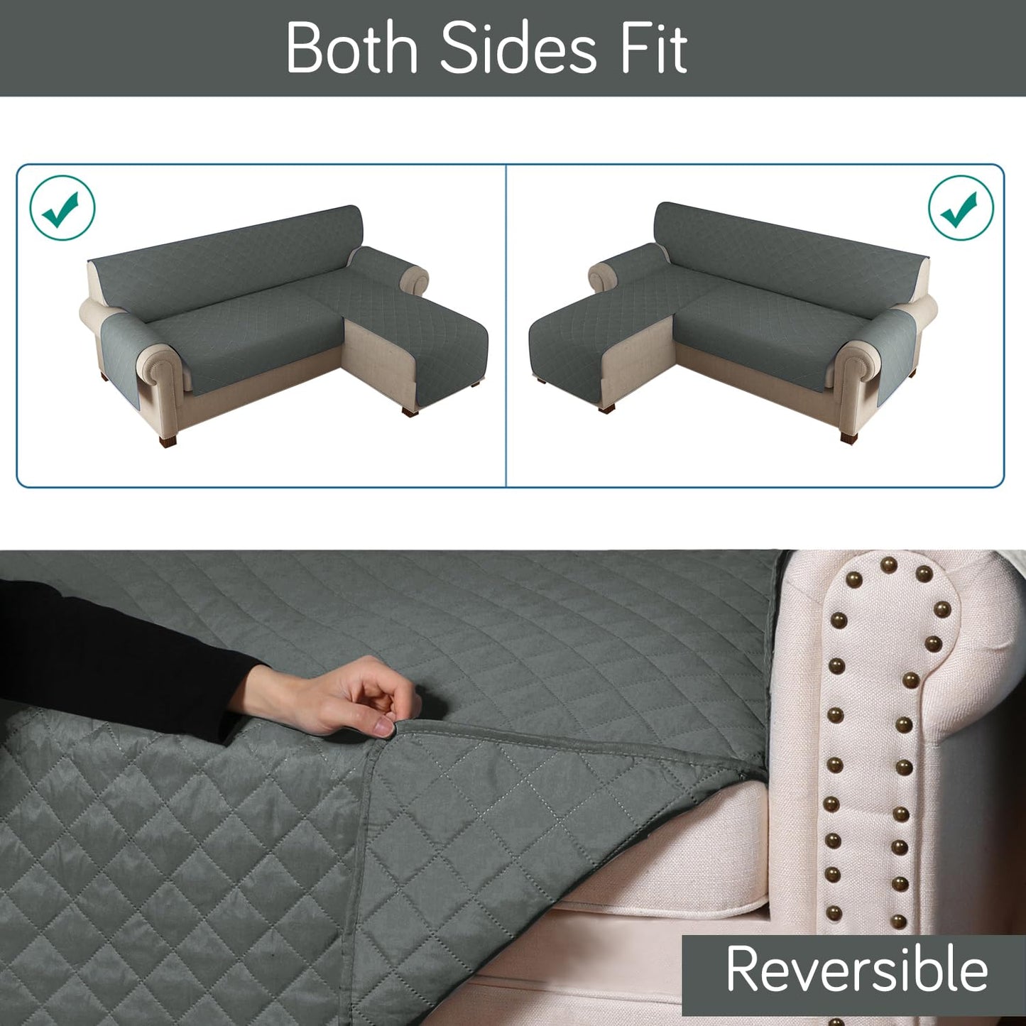 HOKIPO Quilted Reversible One Piece L Shape 4/5/6 Seater Sofa Cover Mat, Dark Grey