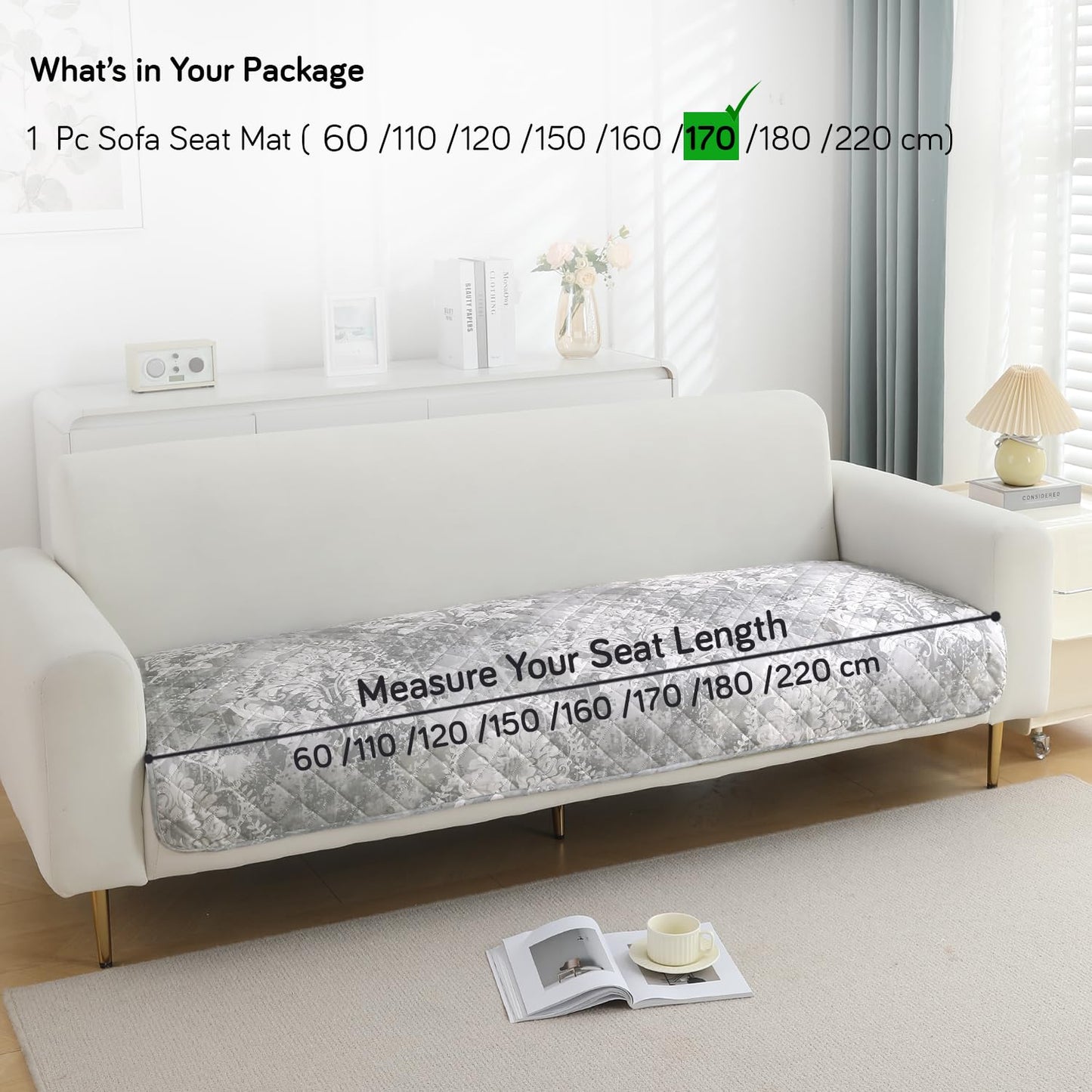 Quilted, Waterproof and Anti-Slip Sofa Cover Mat, Motifs Cloud Grey