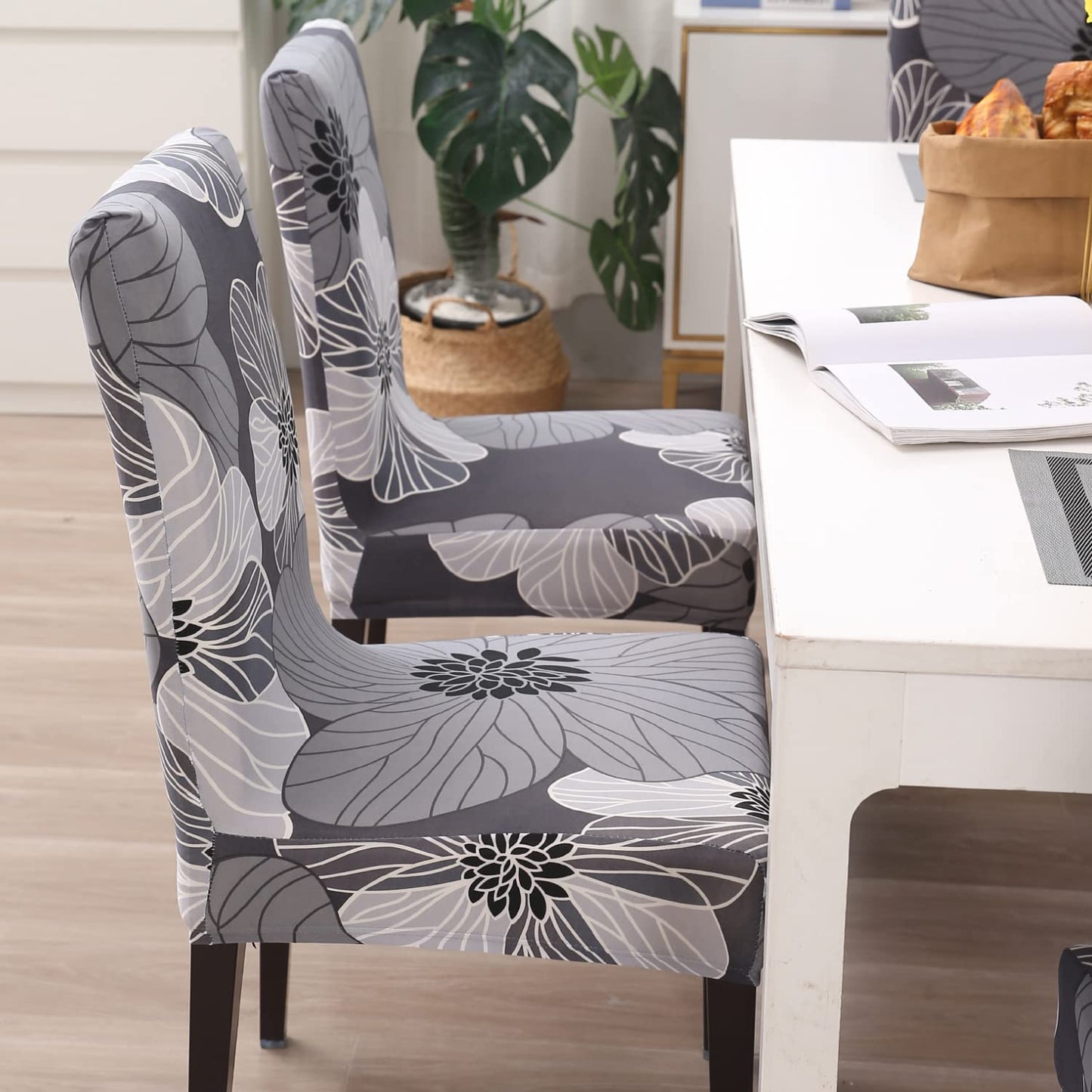Elastic Stretchable Dining Chair Cover, Grey Hibiscus