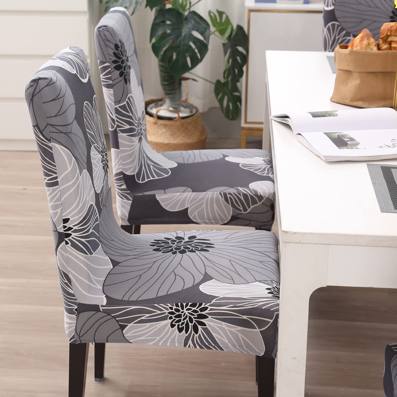 Grey Hibiscus print chair covers for dining chairs | Hokipo