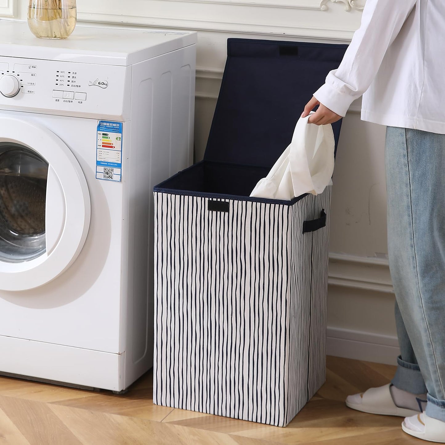 Foldable Laundry Basket for Clothes with Lid, Stripes