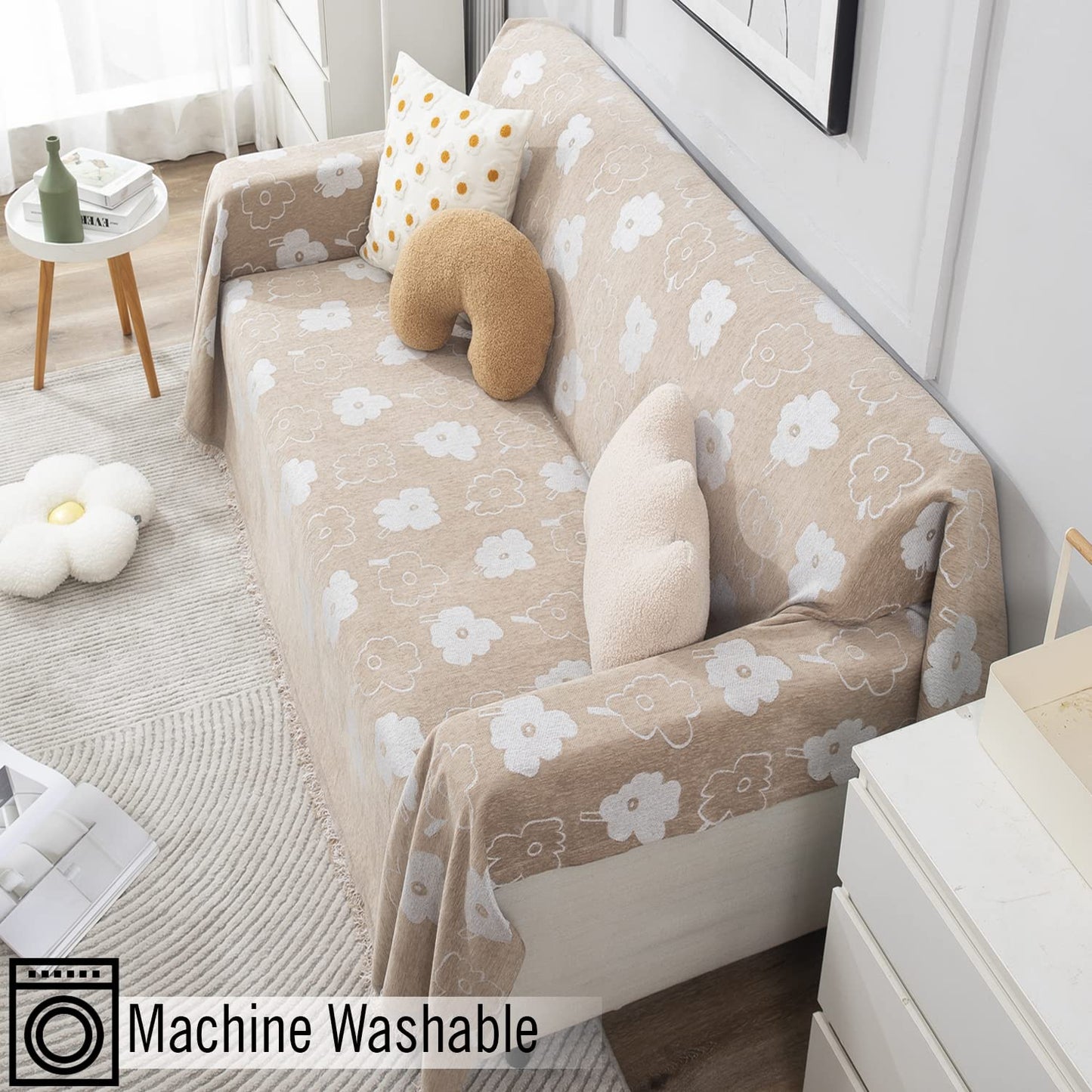 Beige Floral, Thick, Soft and Pet Friendly Chenille Sofa Cover Throw
