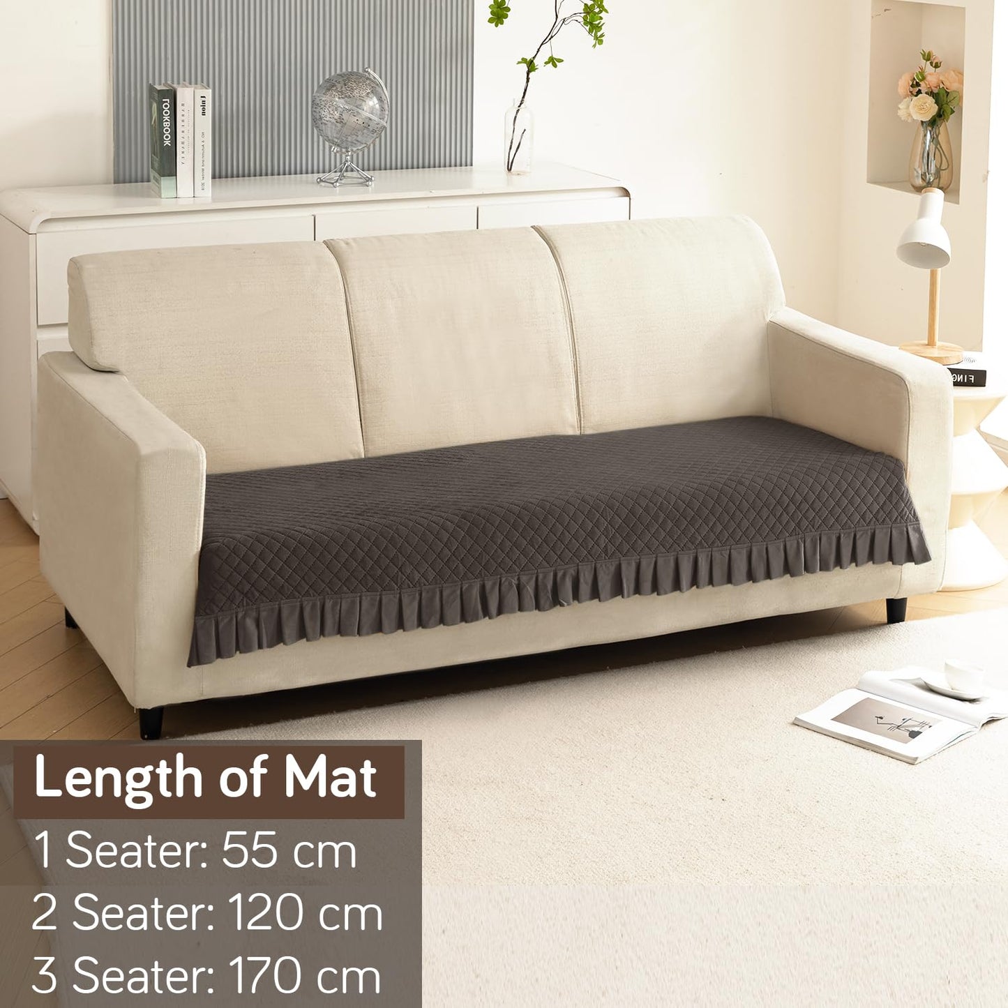 Holland Velvet Sofa Cover Seat Mat with Frill for 1/2/3 - Seater, Dark Grey