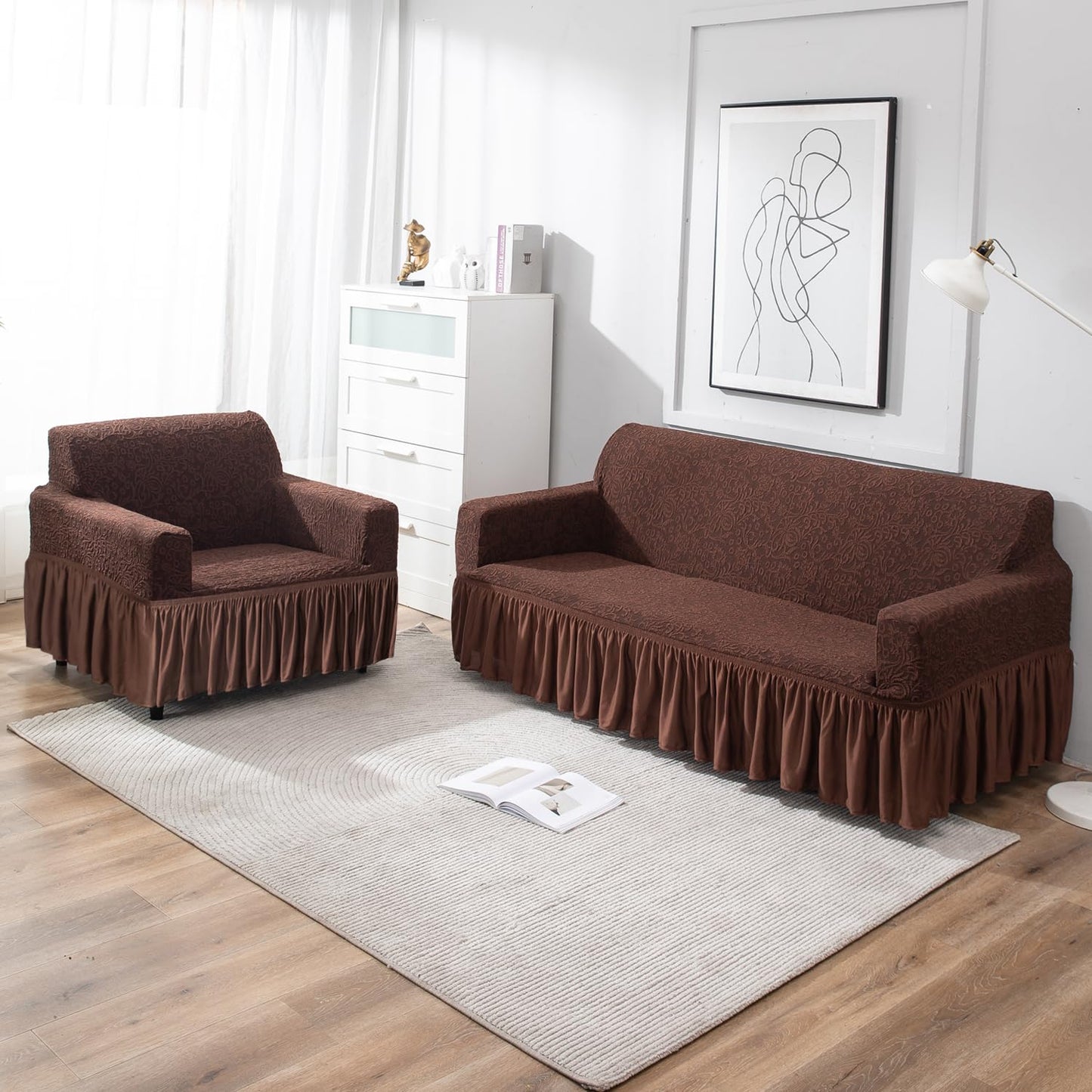 Elastic Stretchable Designer Woven Jacquard Sofa Cover with Frill and Cushion Cover, Pecan Brown