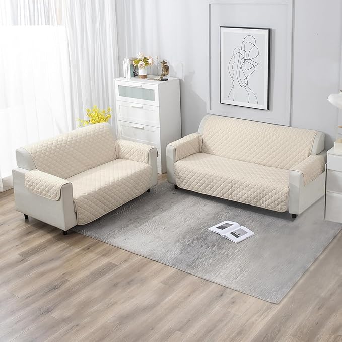 Quilted Polyester Sofa Cover Mat Pet Friendly, Cream