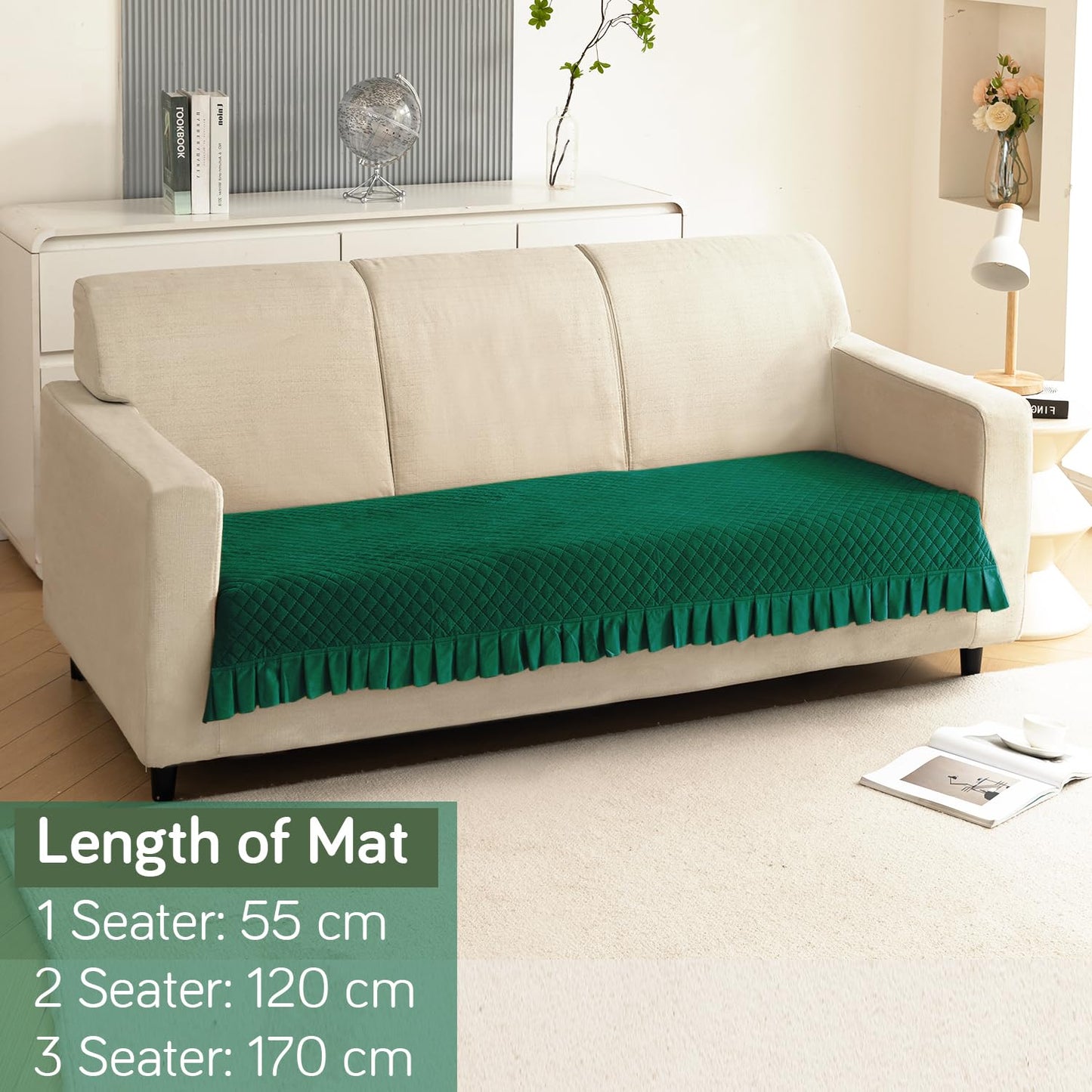 Holland Velvet Sofa Cover Seat Mat with Frill for 1/2/3 - Seater, Bottle Green