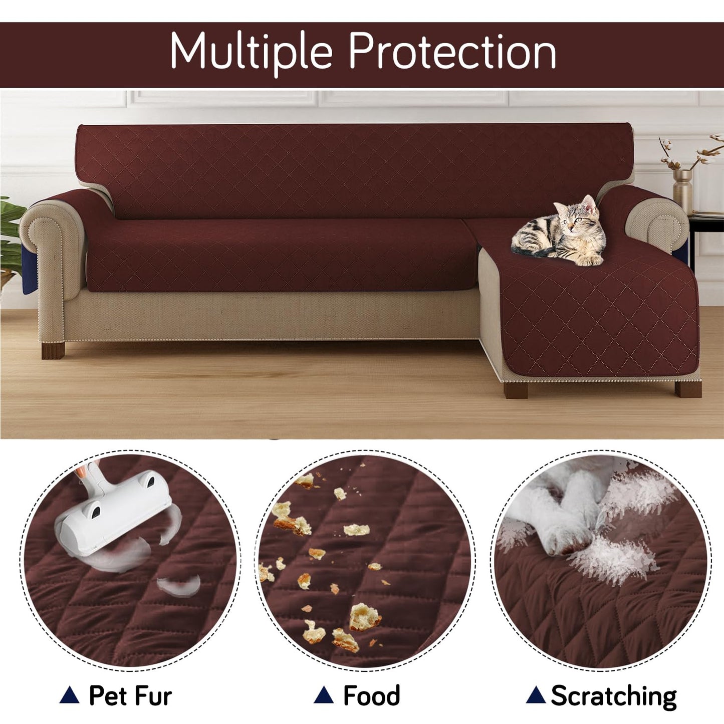 HOKIPO Quilted Reversible One Piece L Shape 4/5/6 Seater Sofa Cover Mat, Brown
