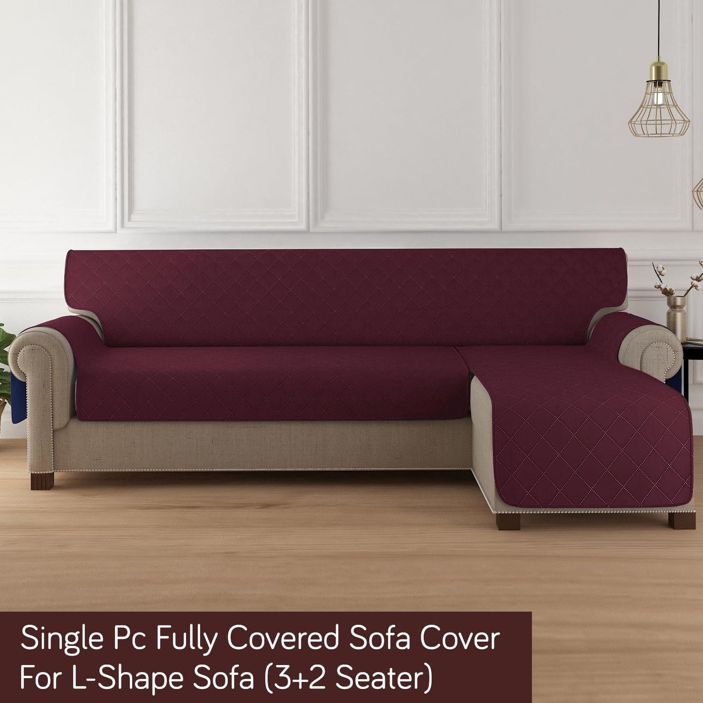 Quilted Reversible One Piece L Shape 4/5/6 Seater Sofa Cover Mat, Burgundy