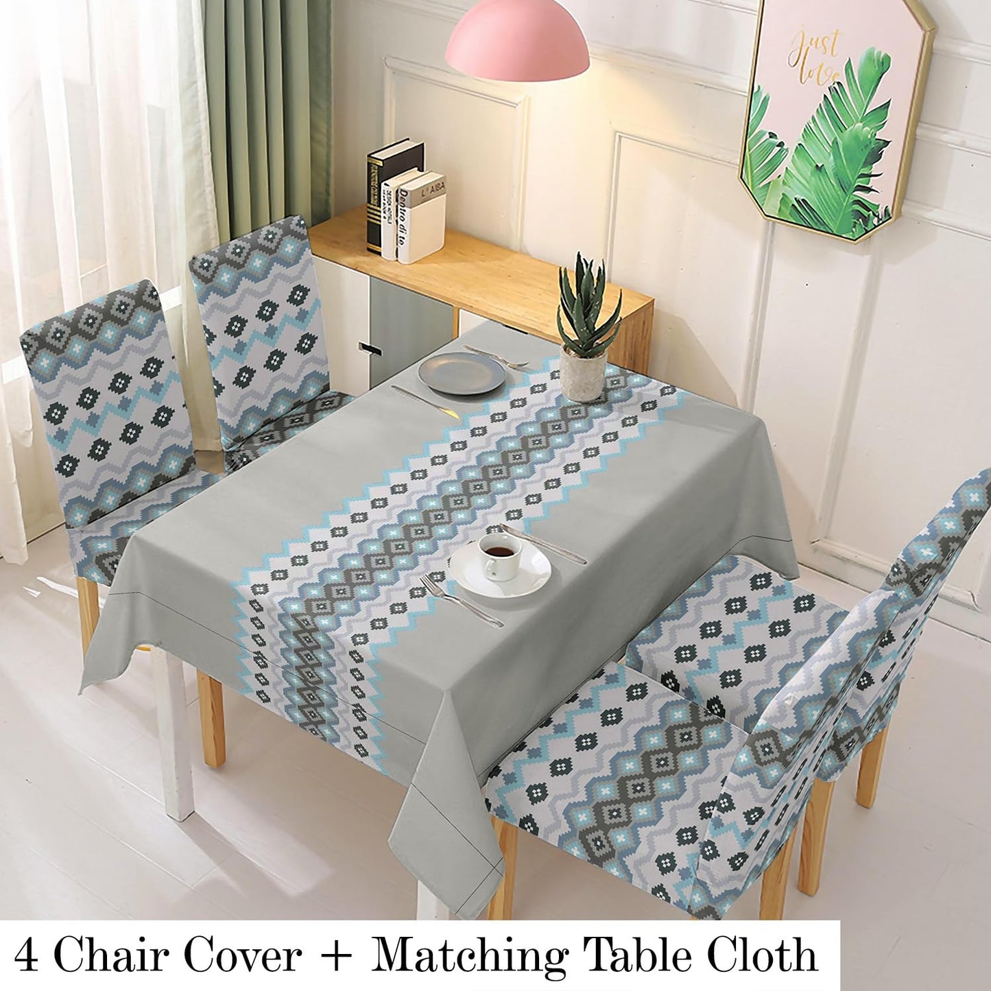 HOKIPO Polyester Dining Chair Covers Set of 4/6 with Matching Tablecloth, Mosaic Blissful Blue