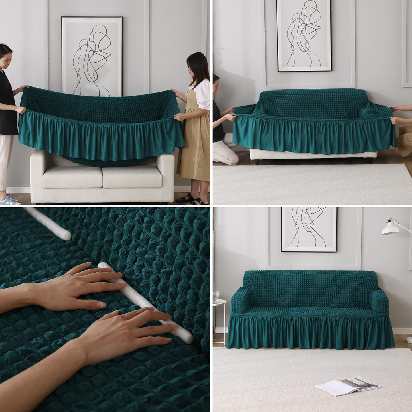 How to put Teal stretchable Turkish Bubble frill sofa cover guide