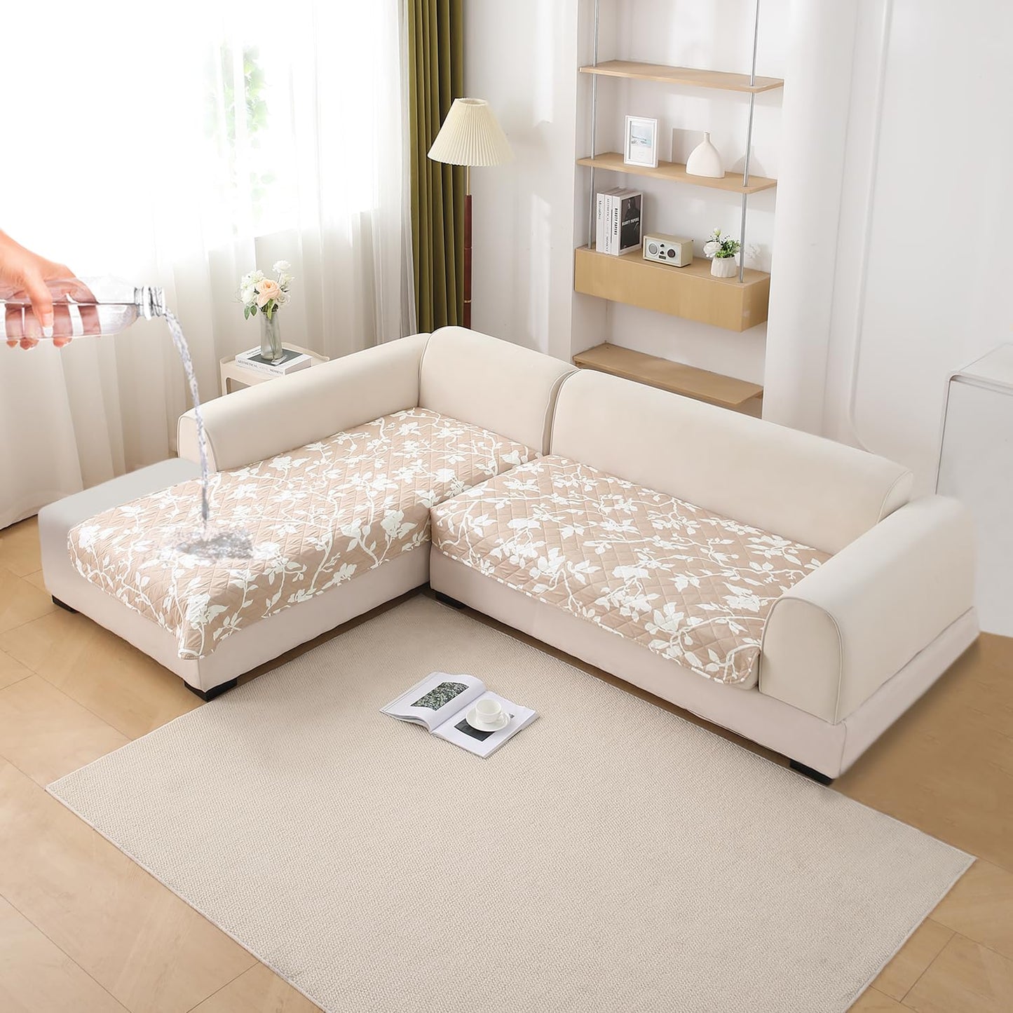 HOKIPO Waterproof Printed Quilted Quick Dry L Shape Sofa Seat Cover Mat, Buff Brown Sillehoute Floral