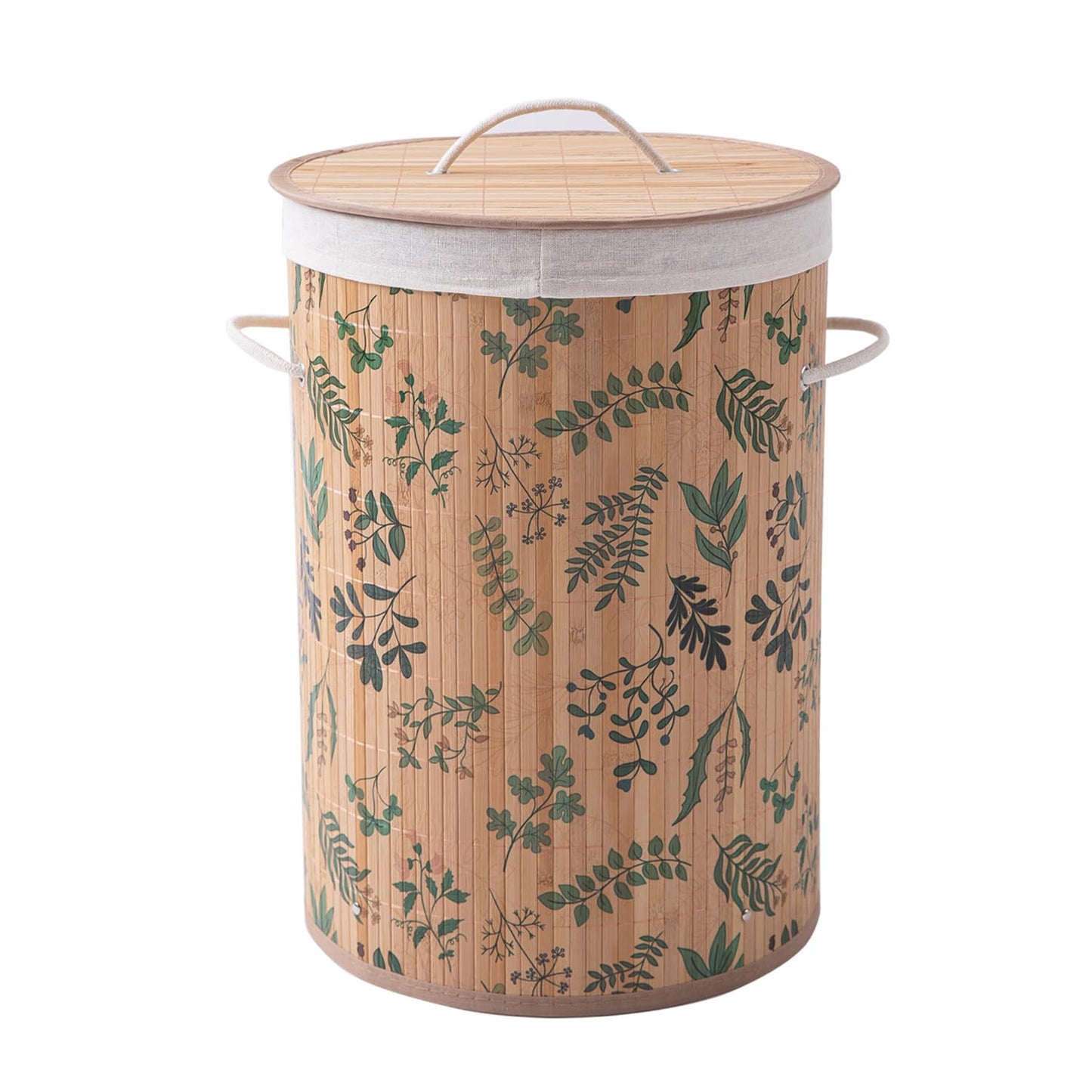 Eco-Friendly Foldable Bamboo Laundry Basket Hamper with Lid, Large, 61 Litre, Fern Leaves