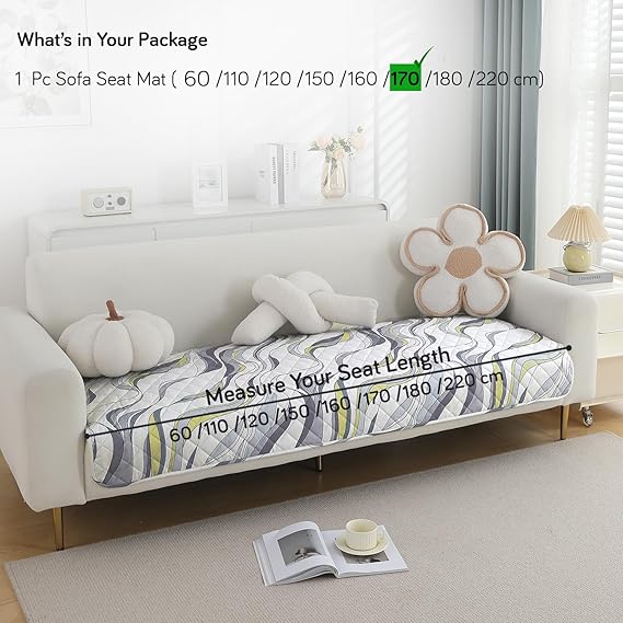Quilted, Waterproof and Anti-Slip Sofa Cover Mat, Curved Lines Pearl White