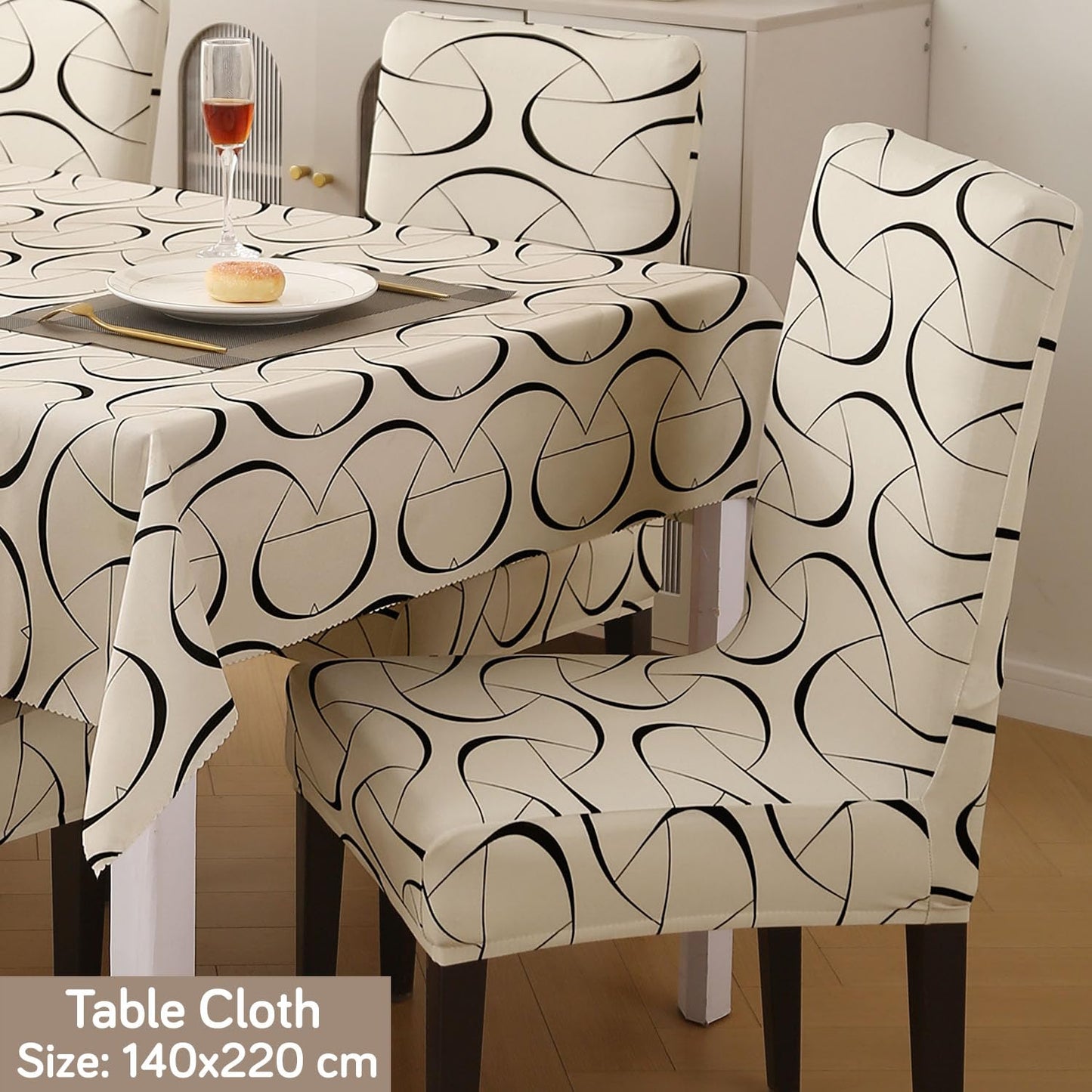 Elastic Dining Chair Covers with Matching Tablecloth, Natural Beige Abstract Art