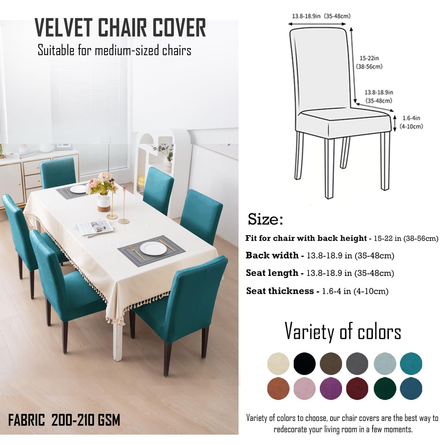 Elastic Stretchable Premium Velvet Dining Chair Cover, Turquoise