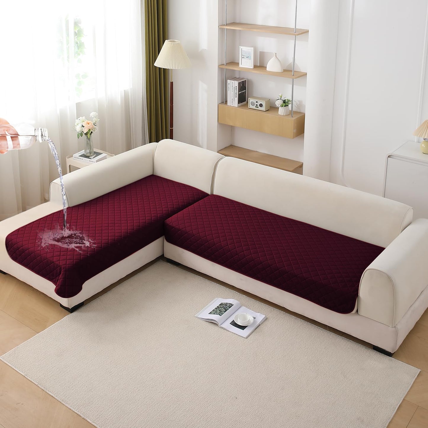 HOKIPO Waterproof Quilted Quick Dry L Shape Sofa Seat Cover Mat, Burgundy