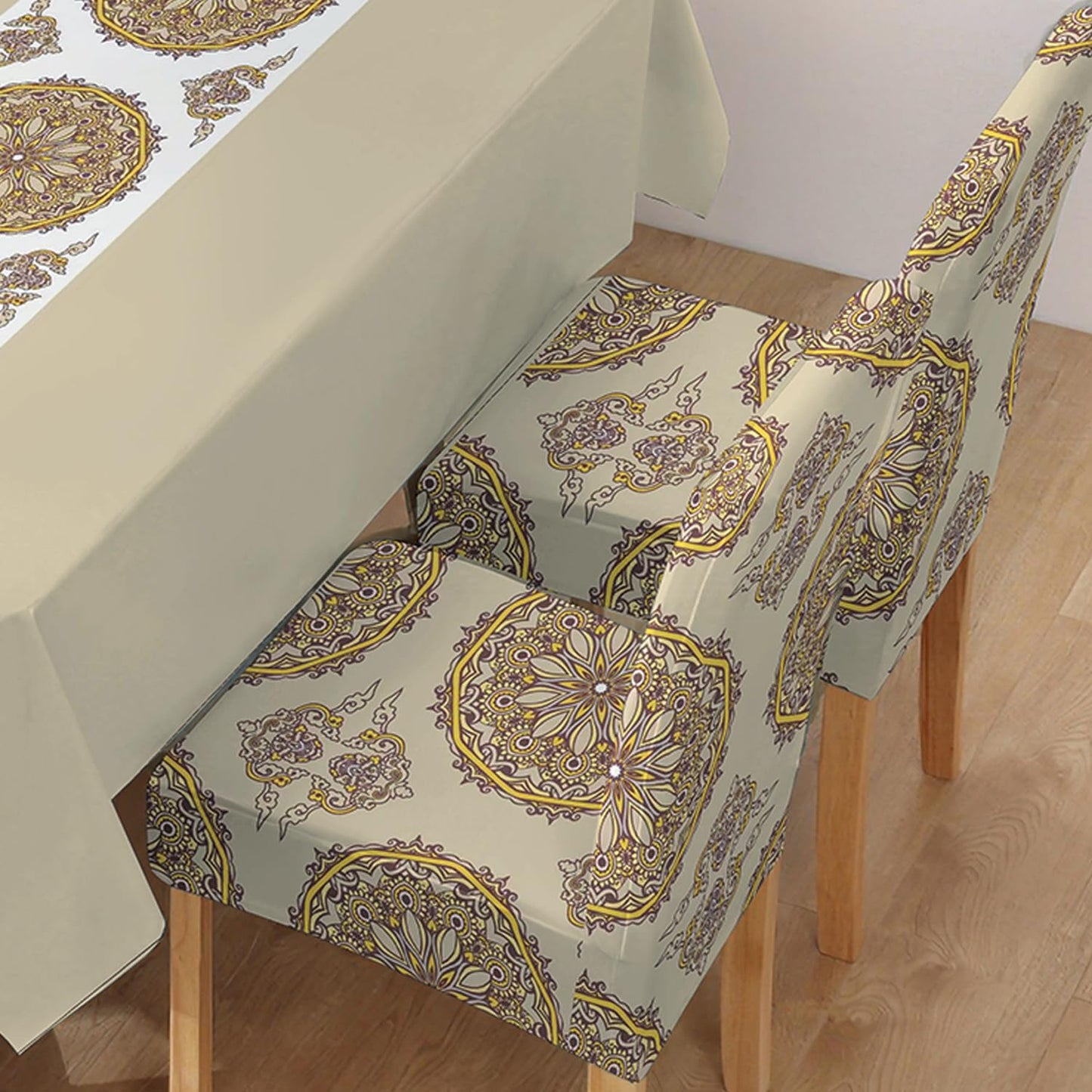 Polyester Dining Chair Covers Set of 4/6 with Matching Tablecloth, Mandala Sand Brown