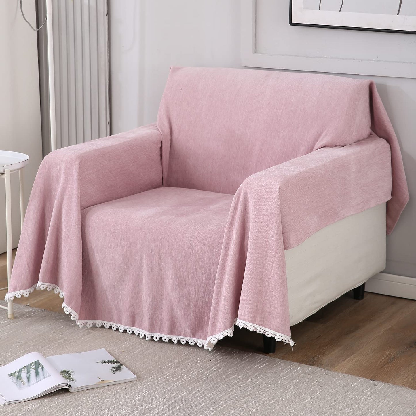 1 Seater elegant Pink colour chenille sofa throw of size 180(D)x180(L)