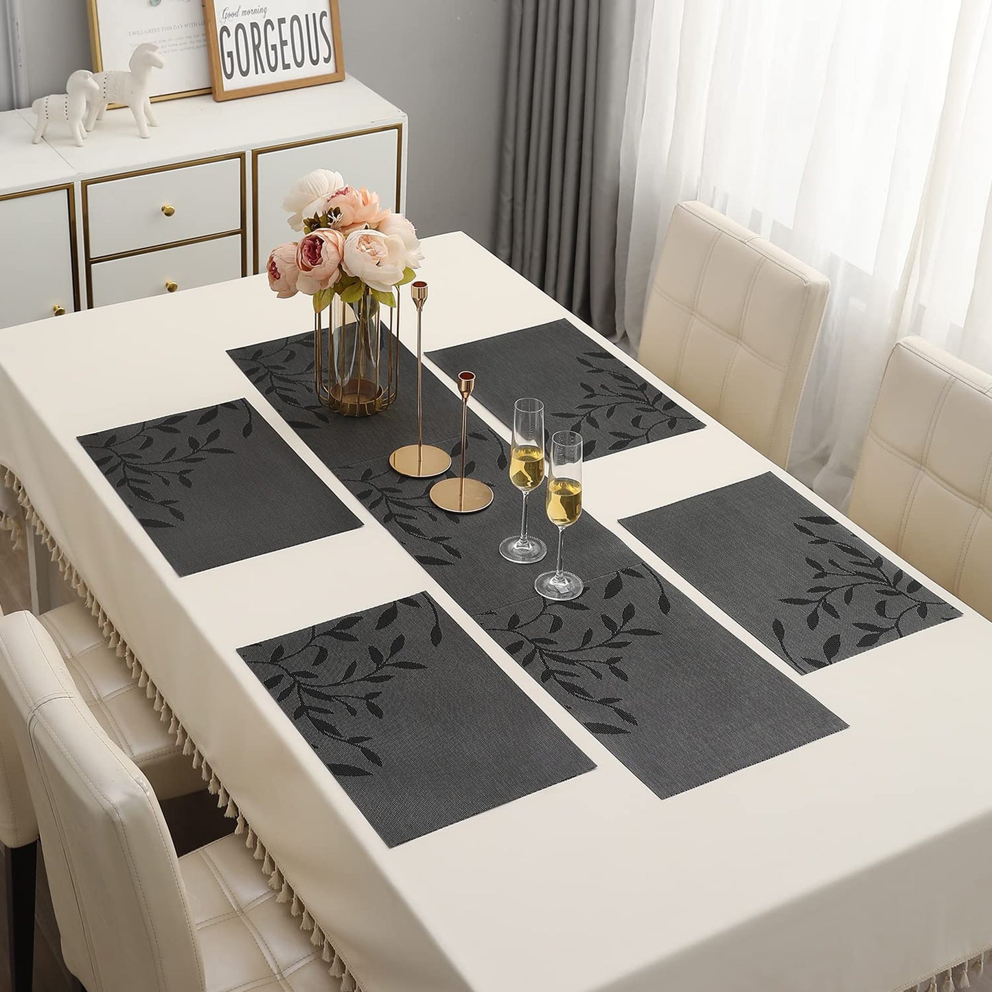 PVC Dining Table Mats, Black Leaves