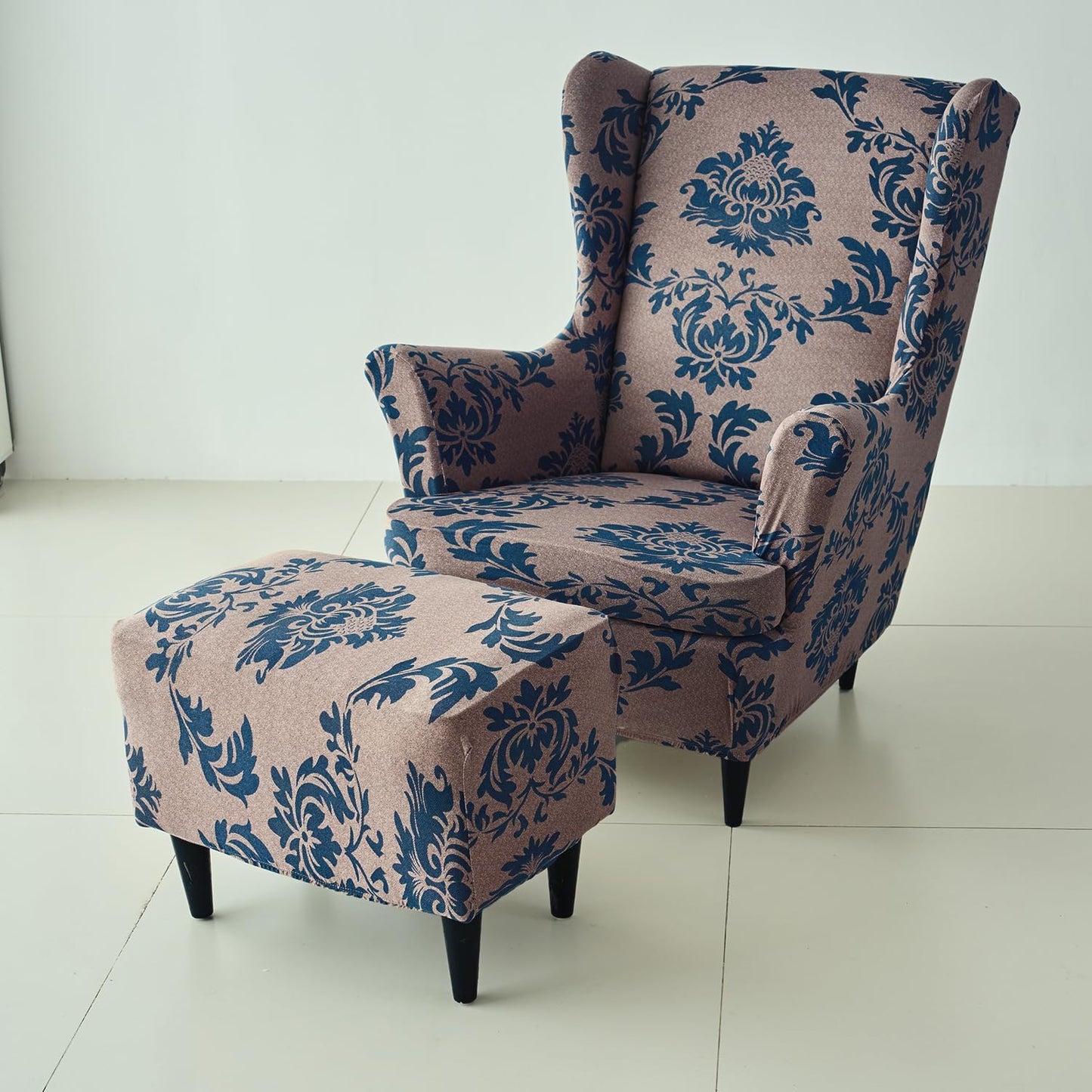 Buy Light Coffee Lotus Damask Stretchable Wingback Chair & Footstool Cover