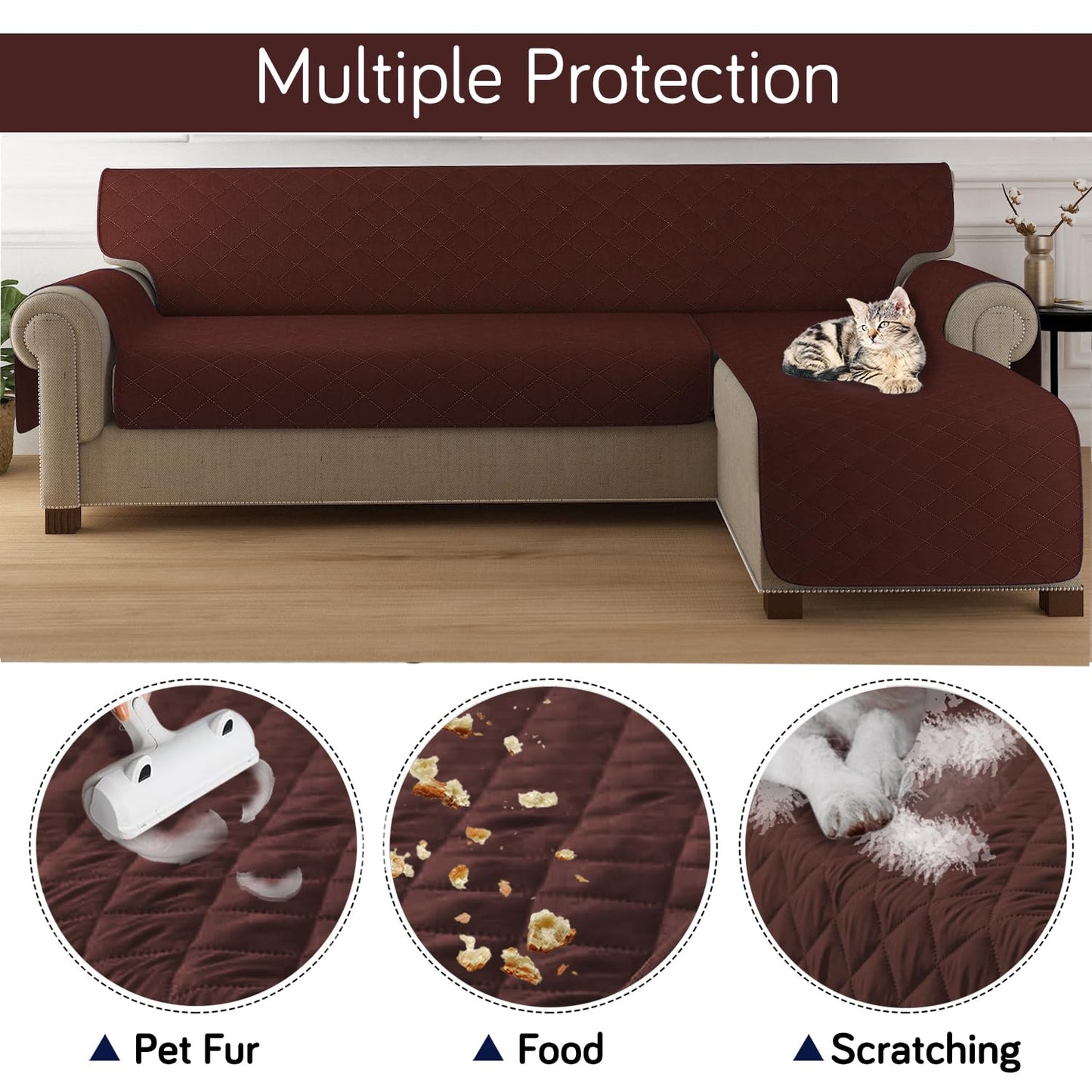 HOKIPO Quilted Reversible One Piece L Shape 4/5/6 Seater Sofa Cover Mat, Brown