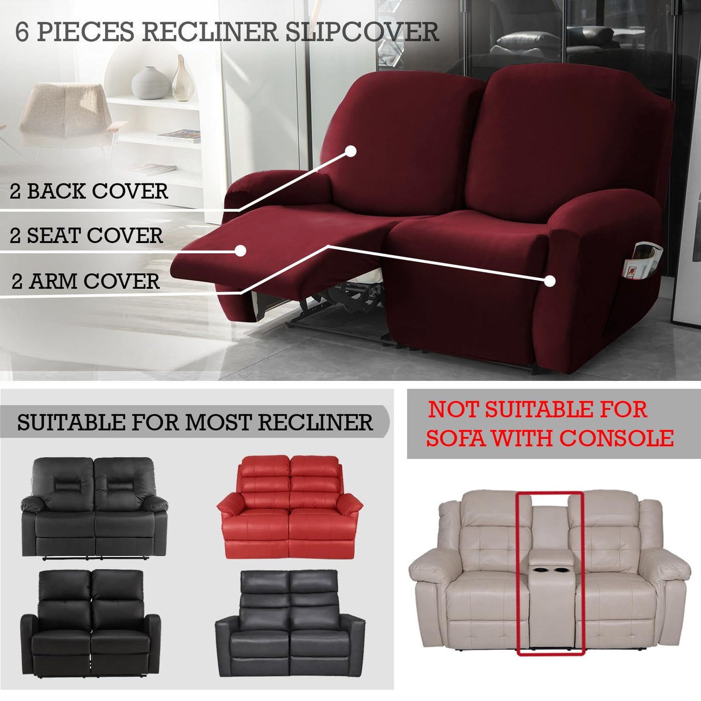 Elastic Stretchable Premium Velvet Recliner Cover, Burgundy