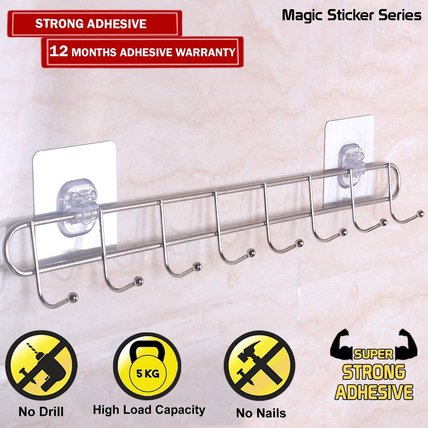 Magic Sticker Series Self Adhesive Stainless Steel 6/8 Hook Rail - 5KG Load Capacity