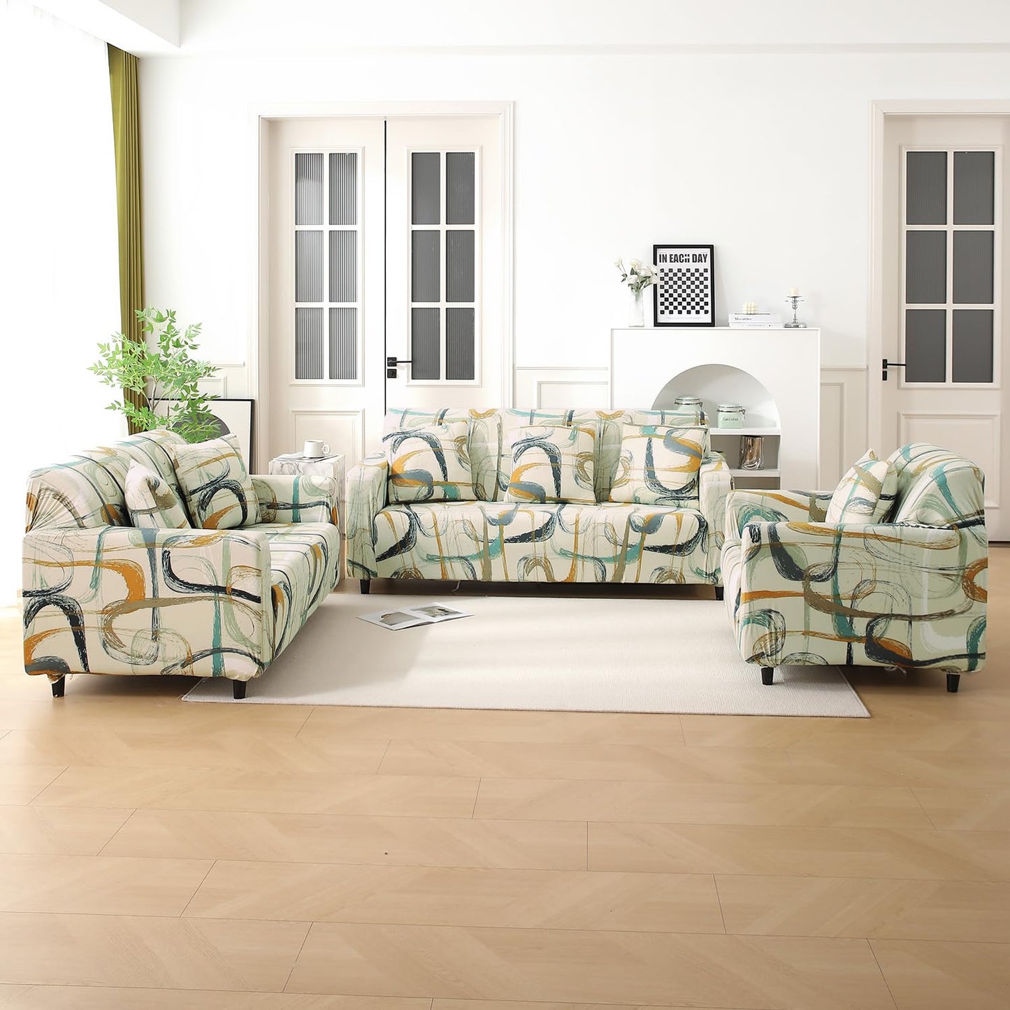 Elastic Stretchable Printed 140gsm Fully Covered Sofa Cover, Parchement Beige Abstract Art