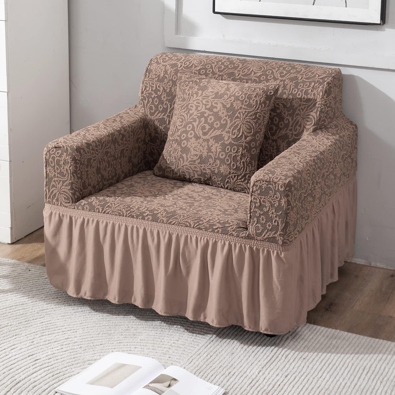 Light Taupe designer woven jacquard elastic frill 1 seater sofa cover
