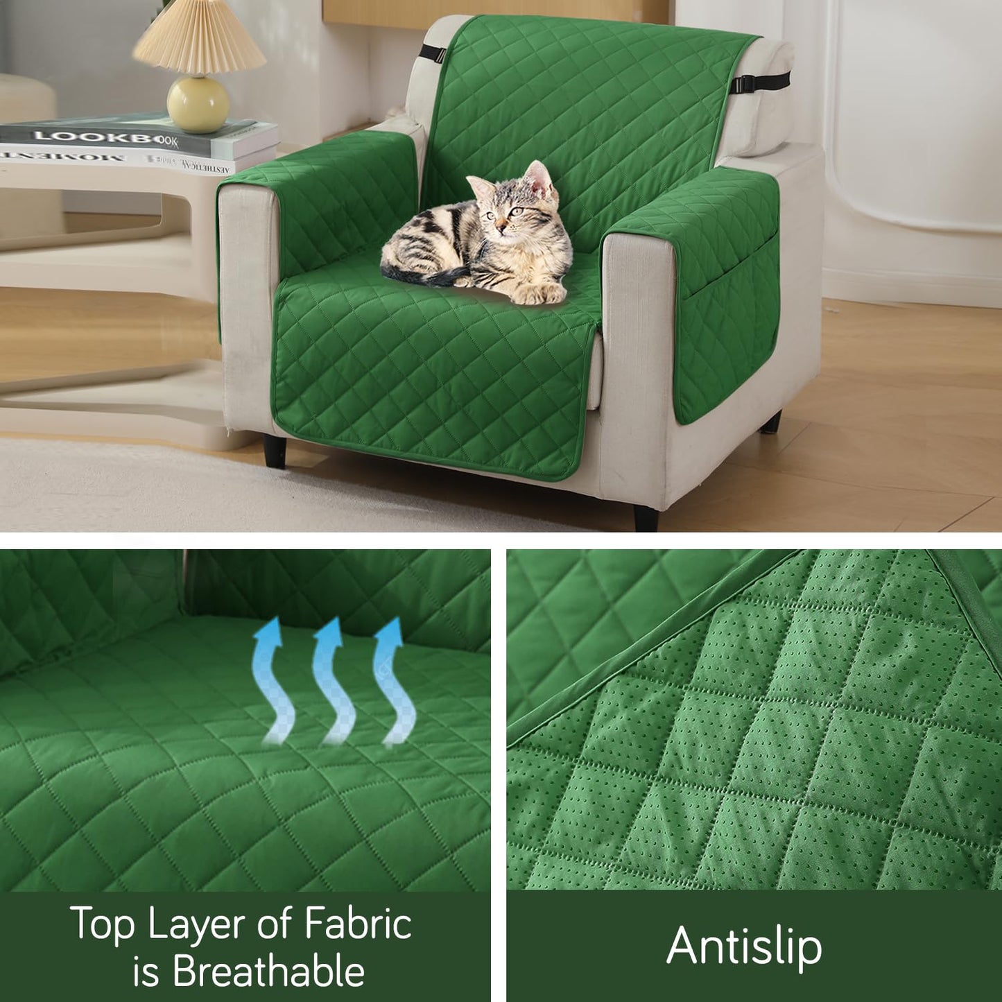 Quilted Waterproof Sofa Cover Mat with Pockets on Armrest Cover - Green