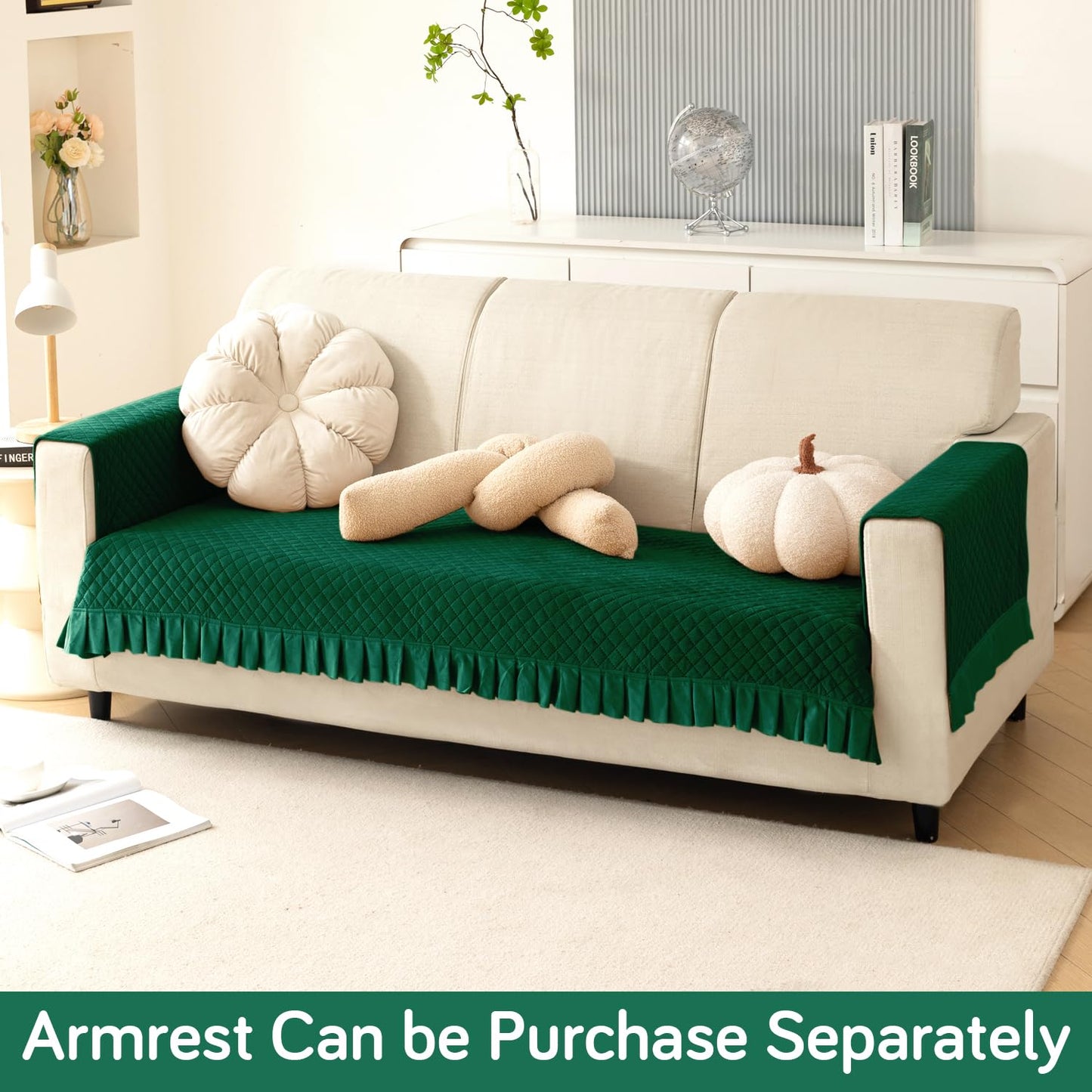 Holland Velvet Sofa Cover Seat Mat with Frill for 1/2/3 - Seater, Bottle Green