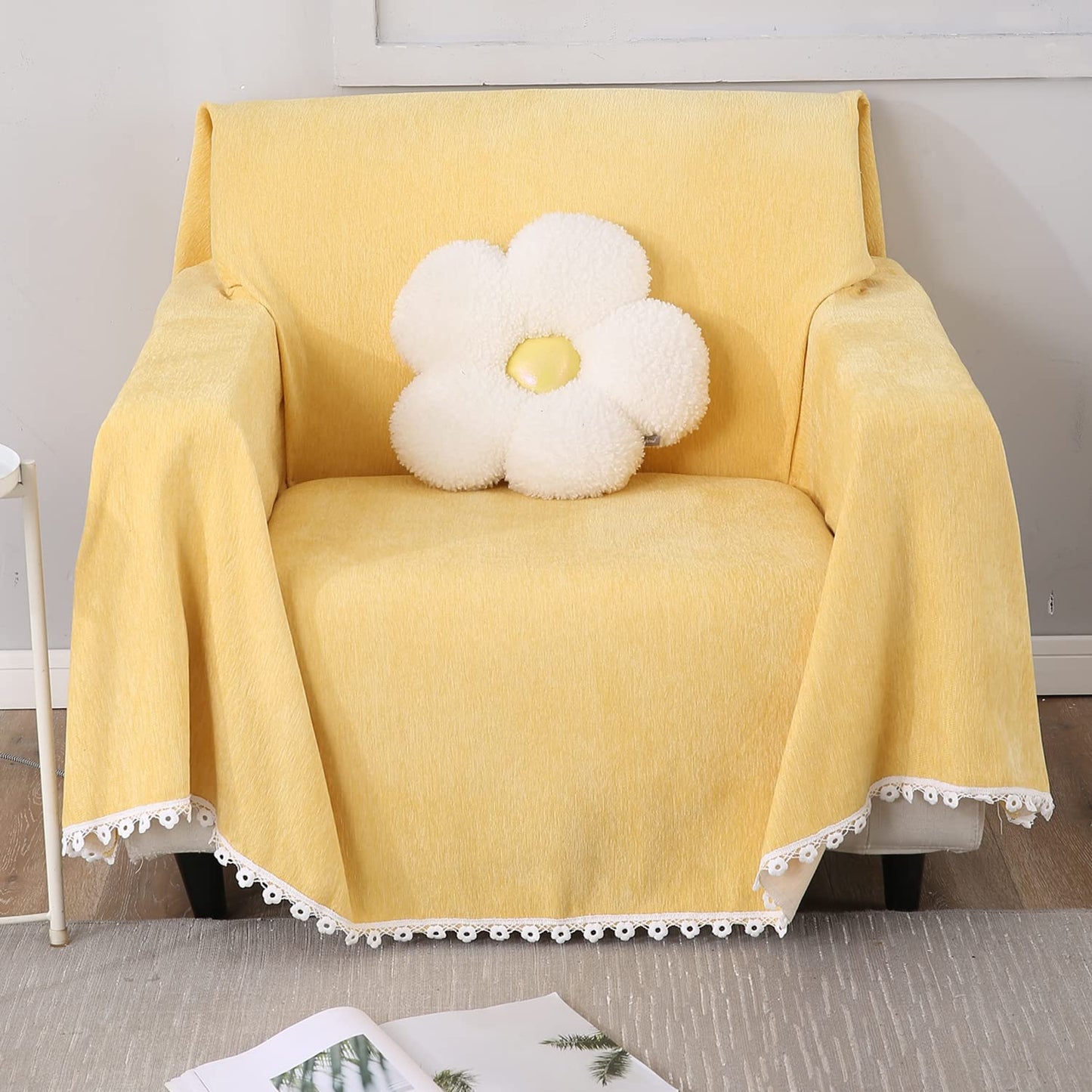 Buy 1 Seater elegant Yellow colour chenille sofa throw of size 180(D)x180(L)