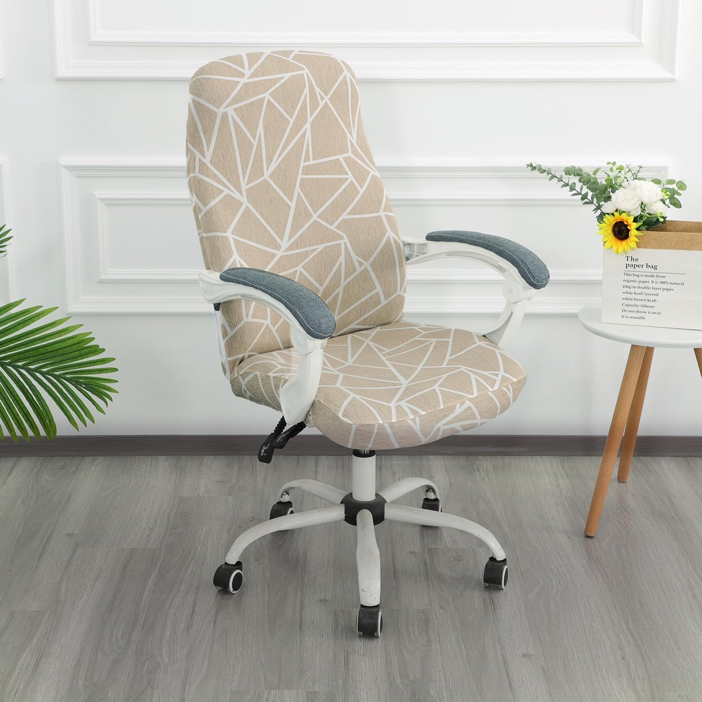 HOKIPO 140gsm Stretchable Office Chair Cover, Beige Abstract Geometry - Medium / Large