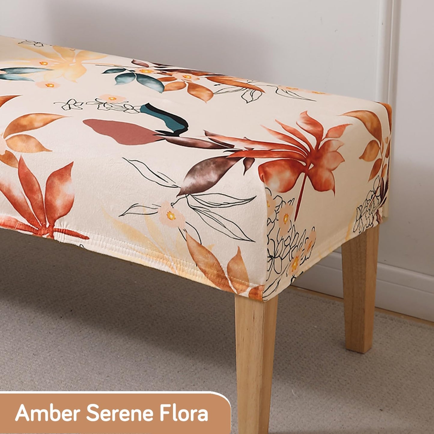 Premium Printed Velvet Elastic Dining Bench Cover, Amber Serene Flora