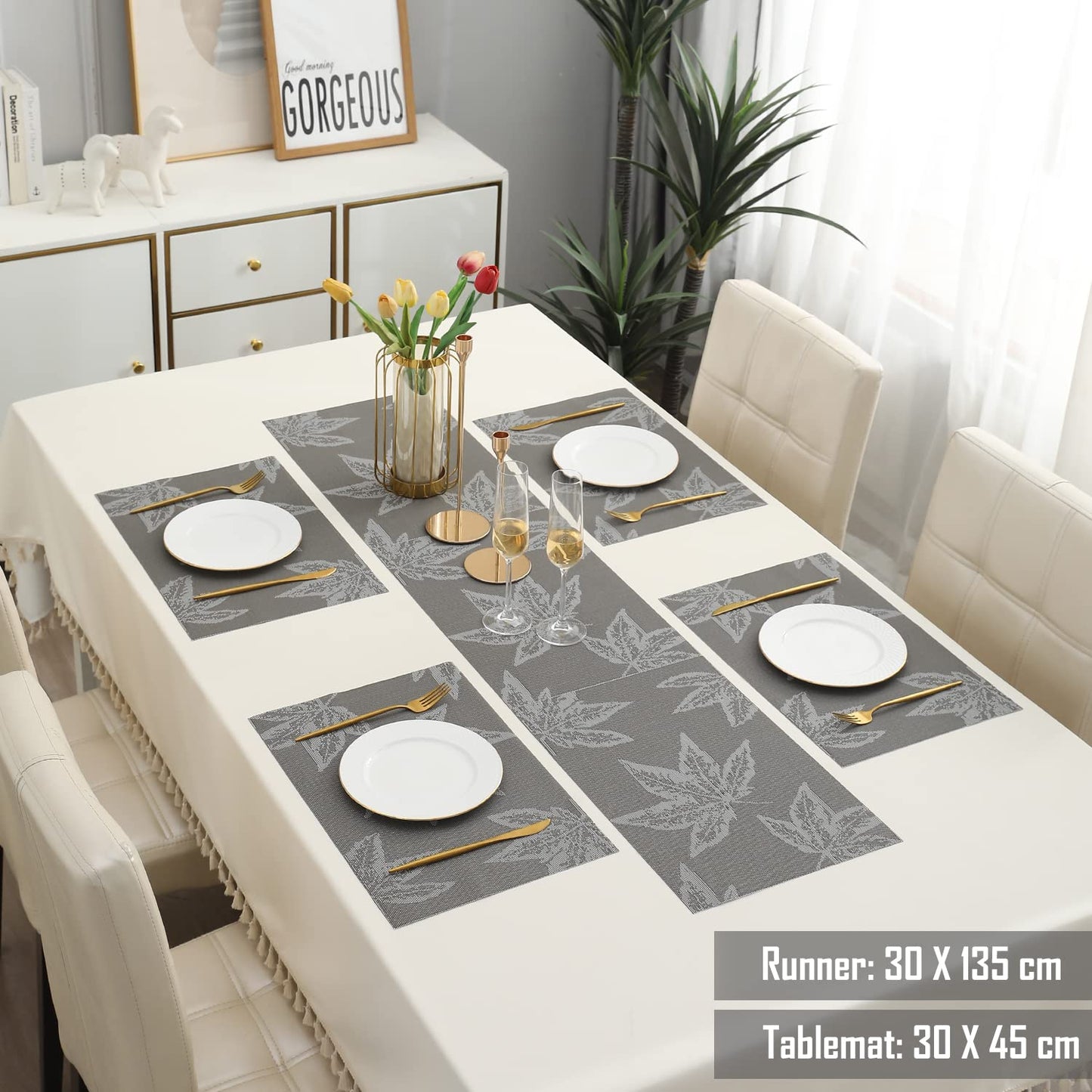 PVC Dining Table Mats, Grey Maple Leaf